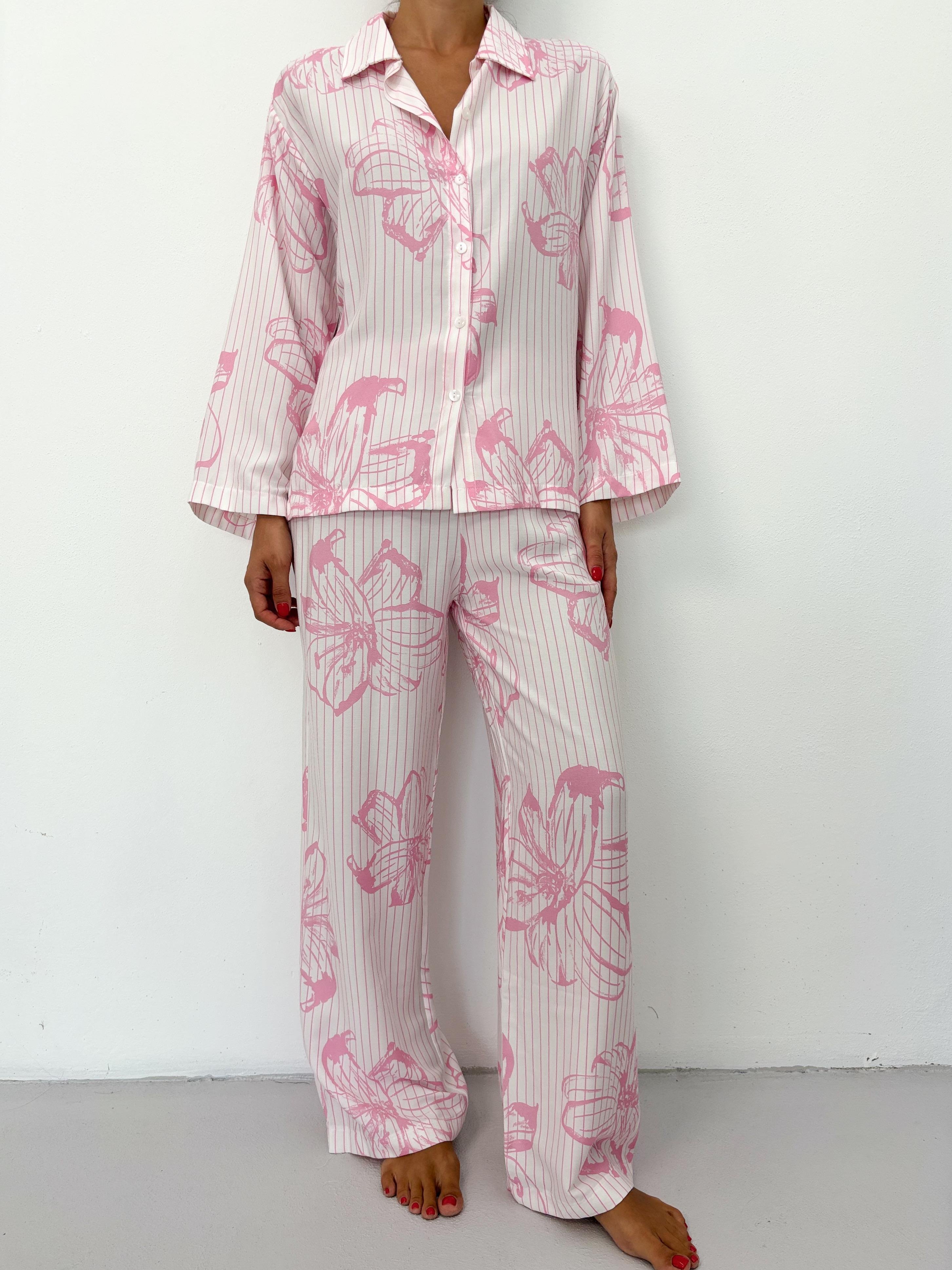 Pembe Çiçek Desen Pamuklu Gömlek Pijama Takım