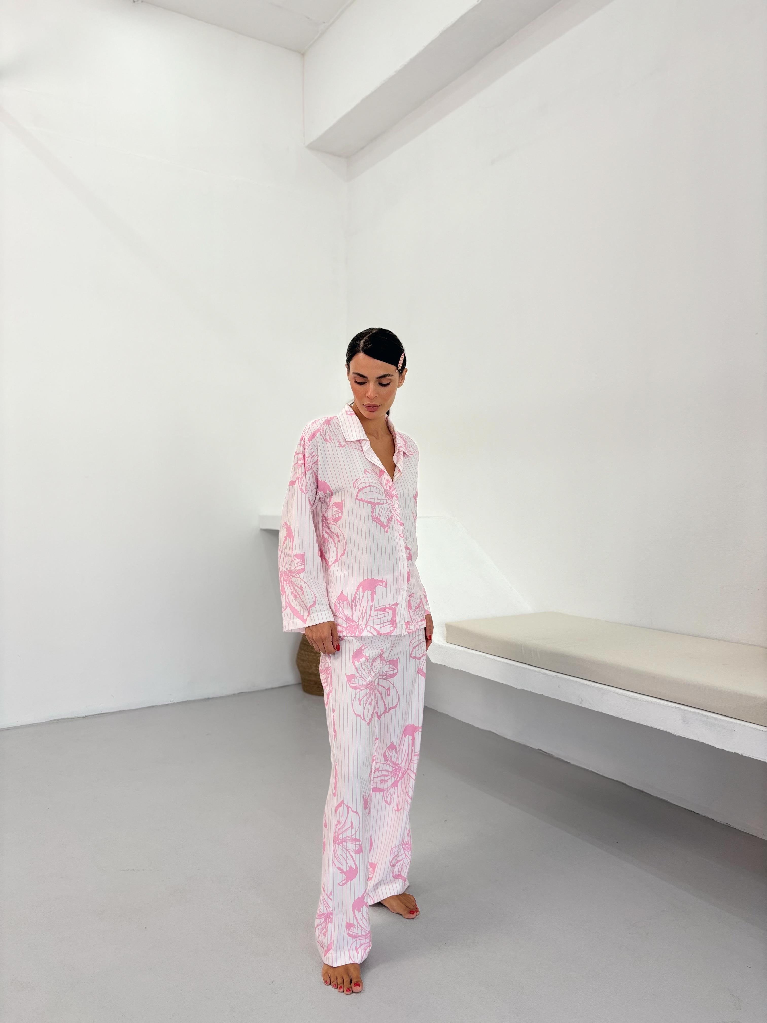 Pembe Çiçek Desen Pamuklu Gömlek Pijama Takım