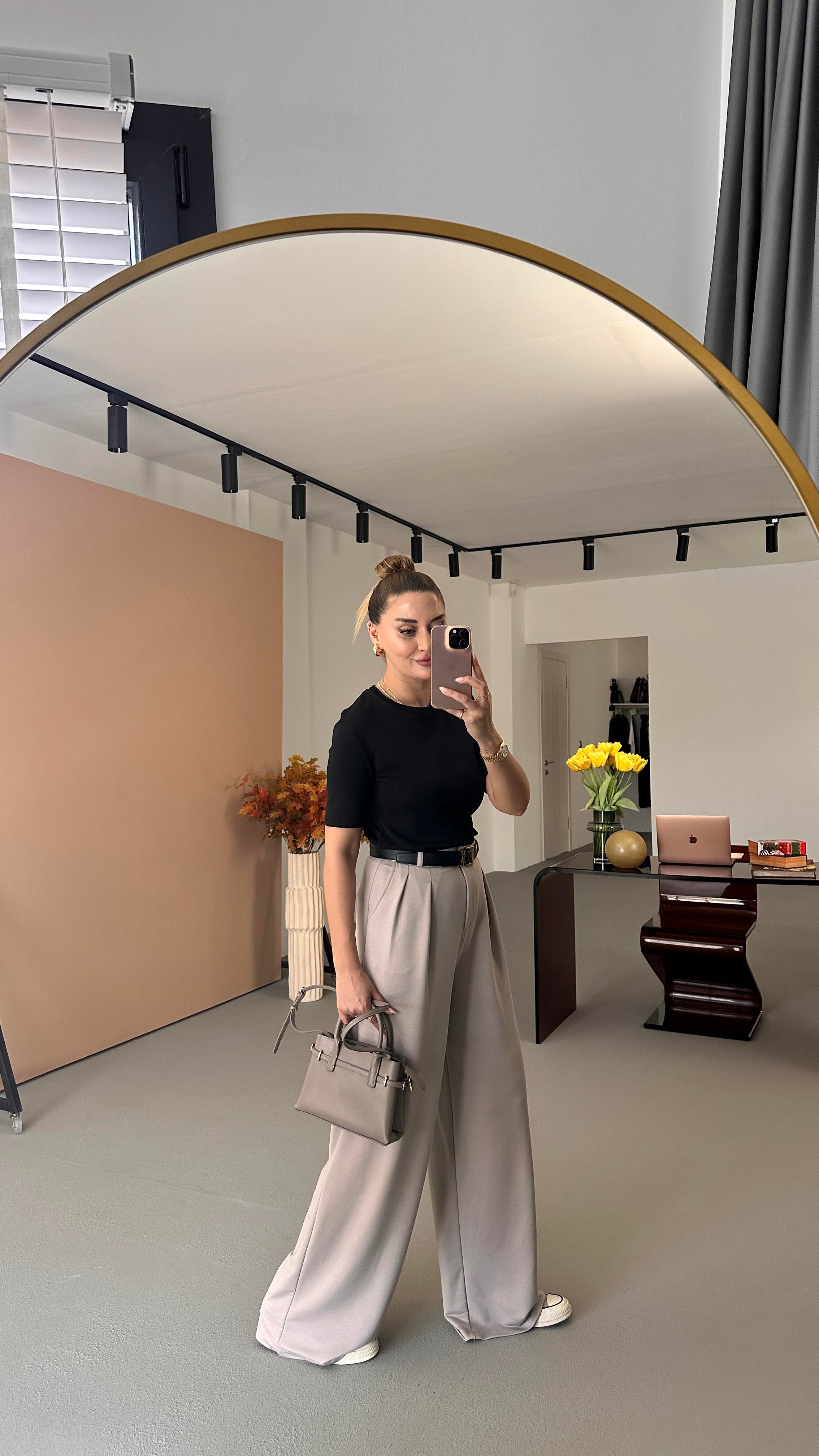 Pilise Detay Taş Süprem Kumaş Palazzo Pantolon