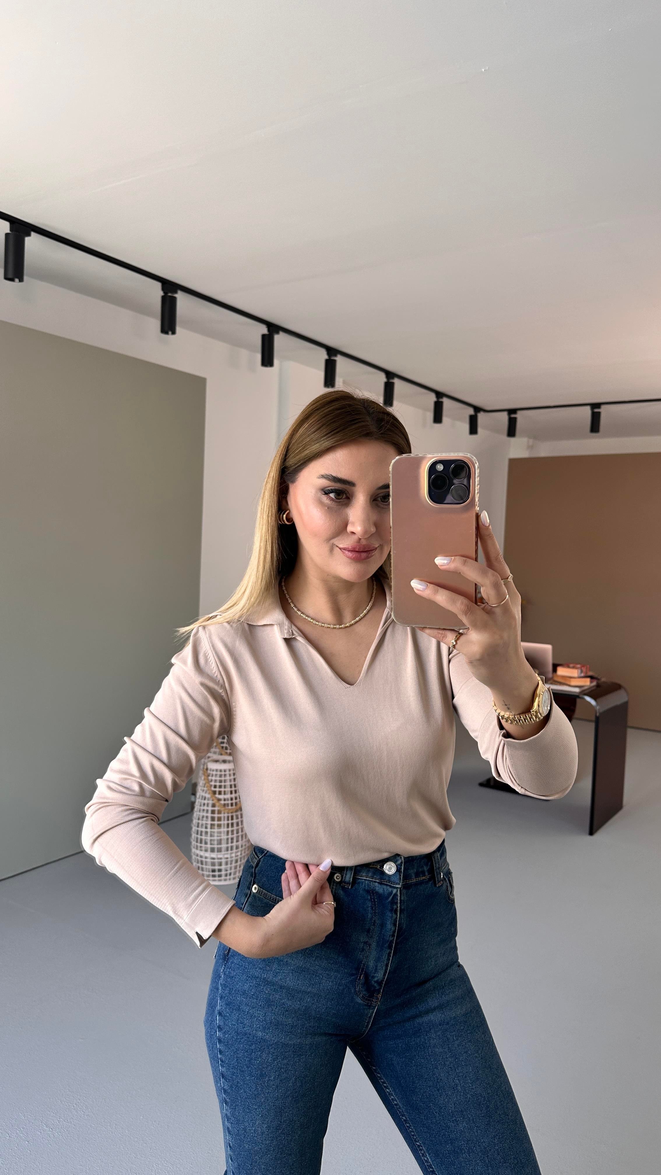 Polo Yaka Bej Merserize Triko Bluz