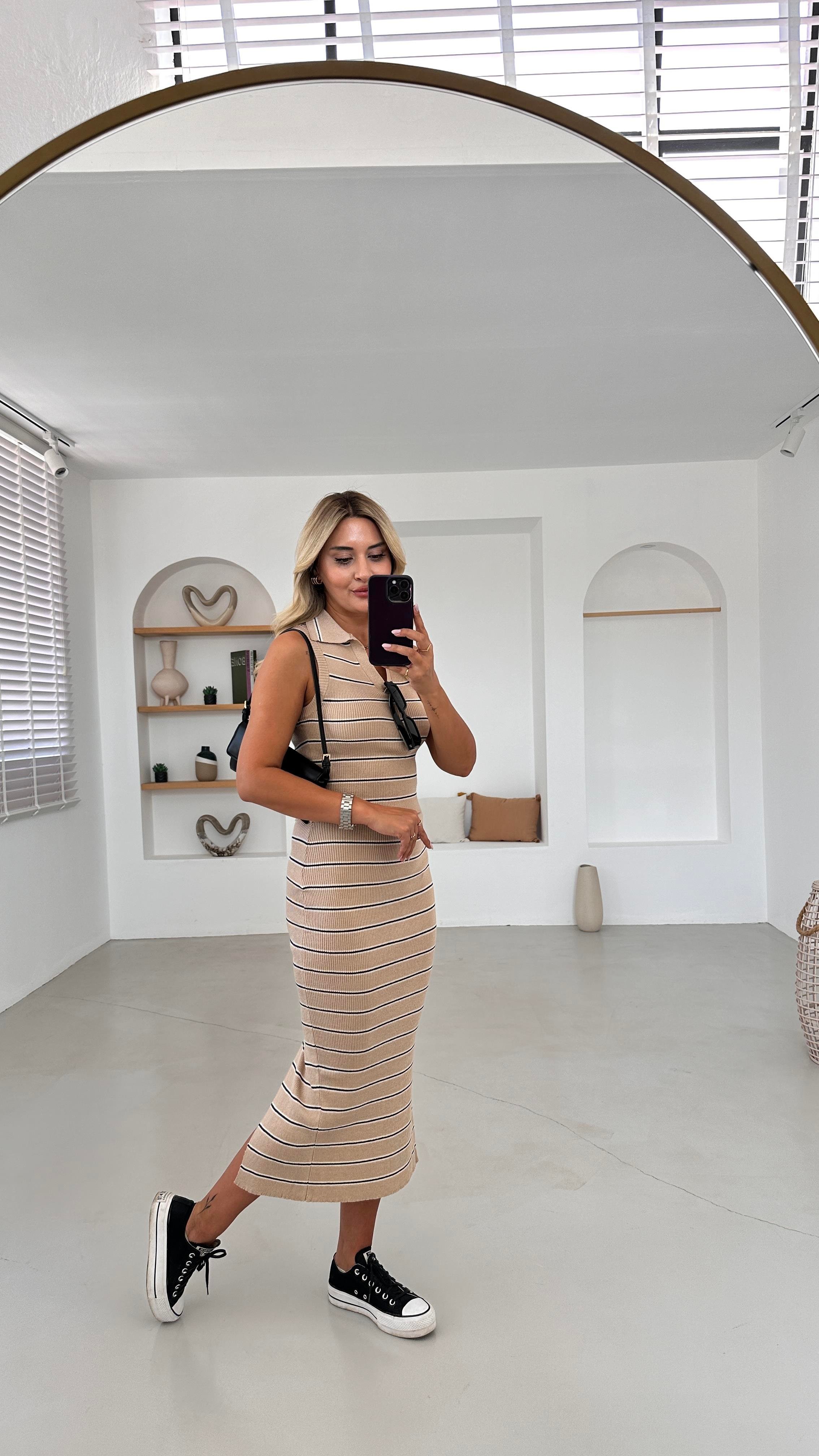 Polo Yaka Çizgili Bluz Kalem Etek Camel Triko Bluz
