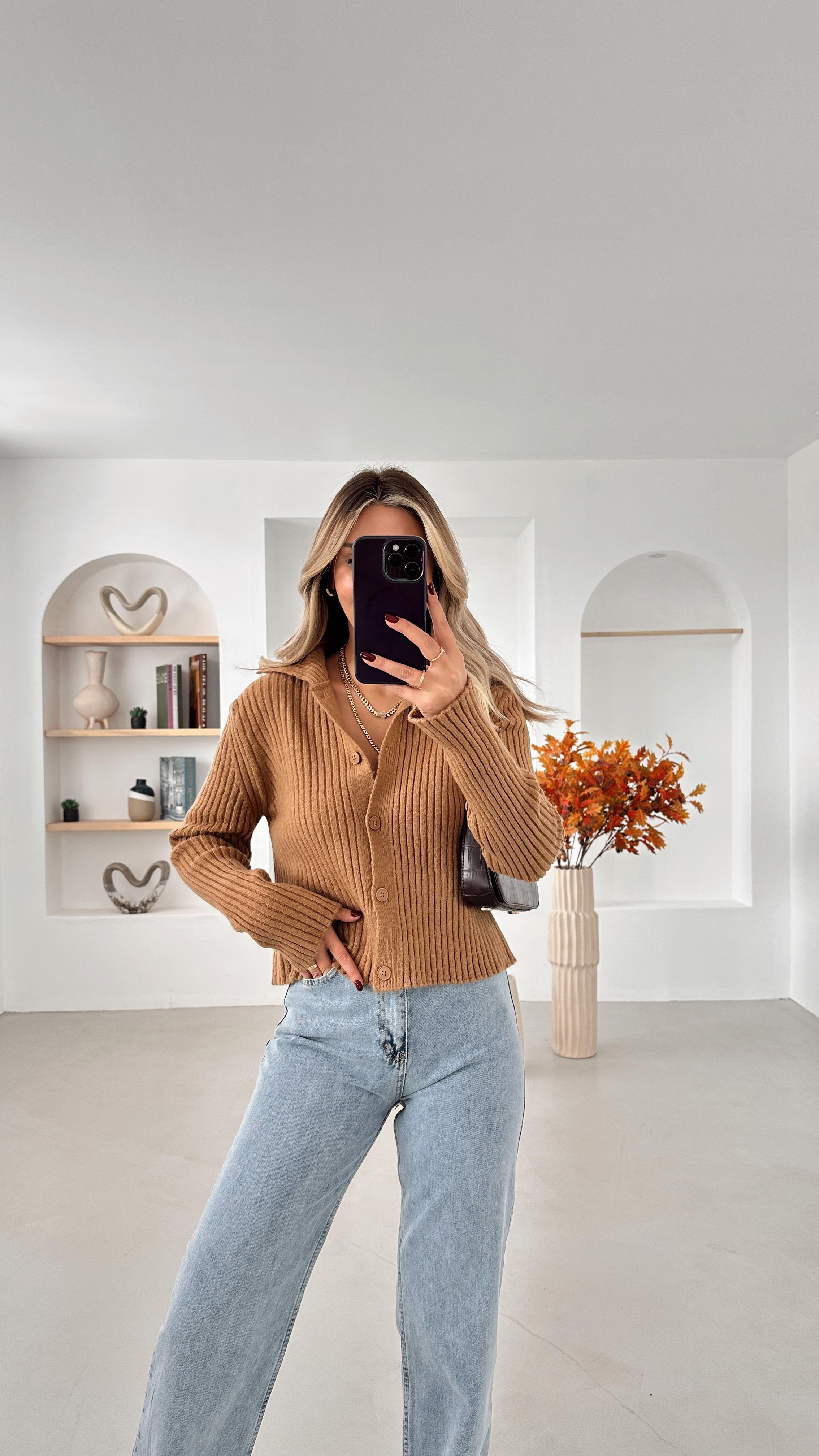 Polo Yaka Fitilli Camel Hırka
