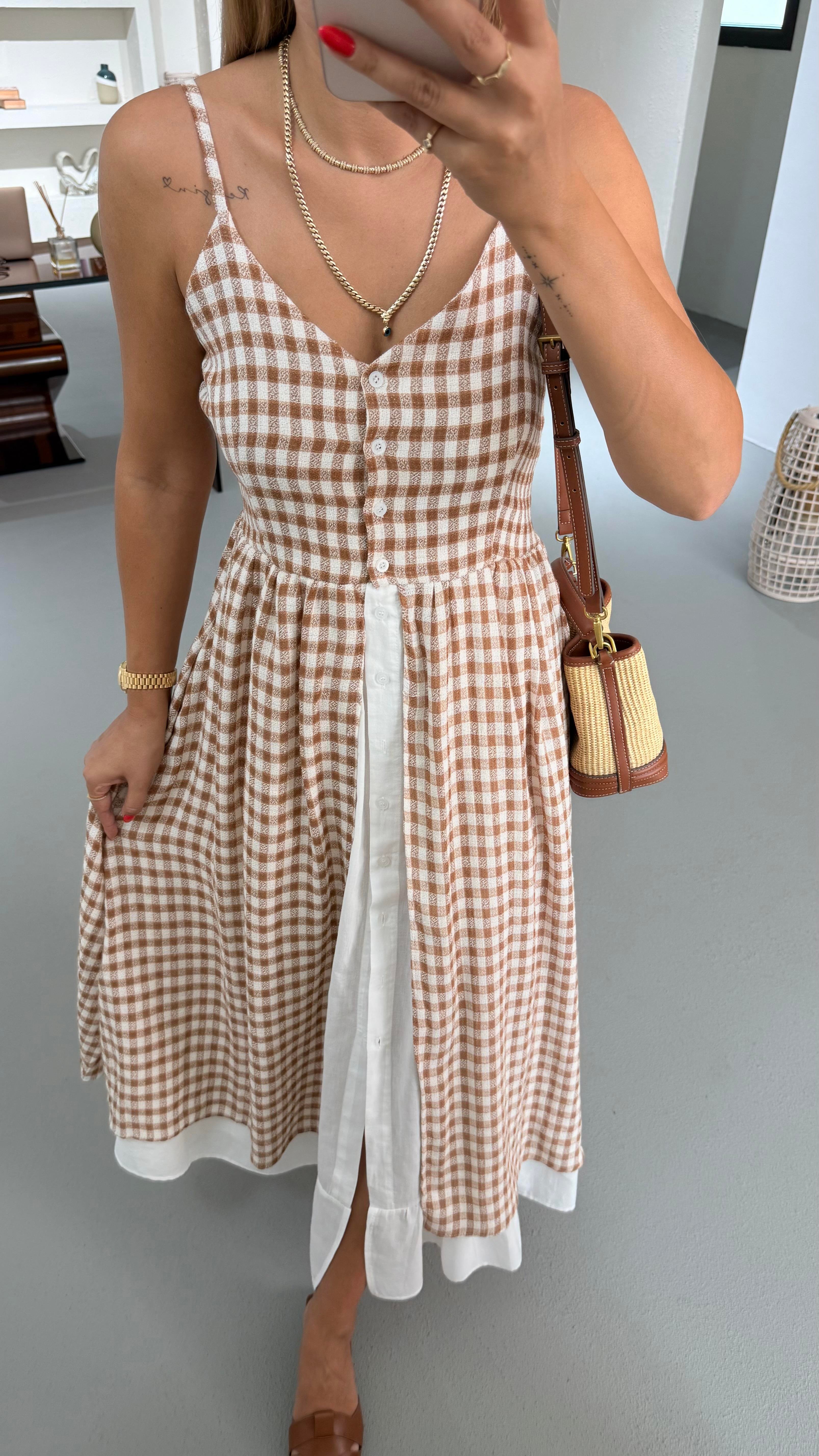 Poplin Detay Boydan Düğmeli Kahve Pötikare Elbise