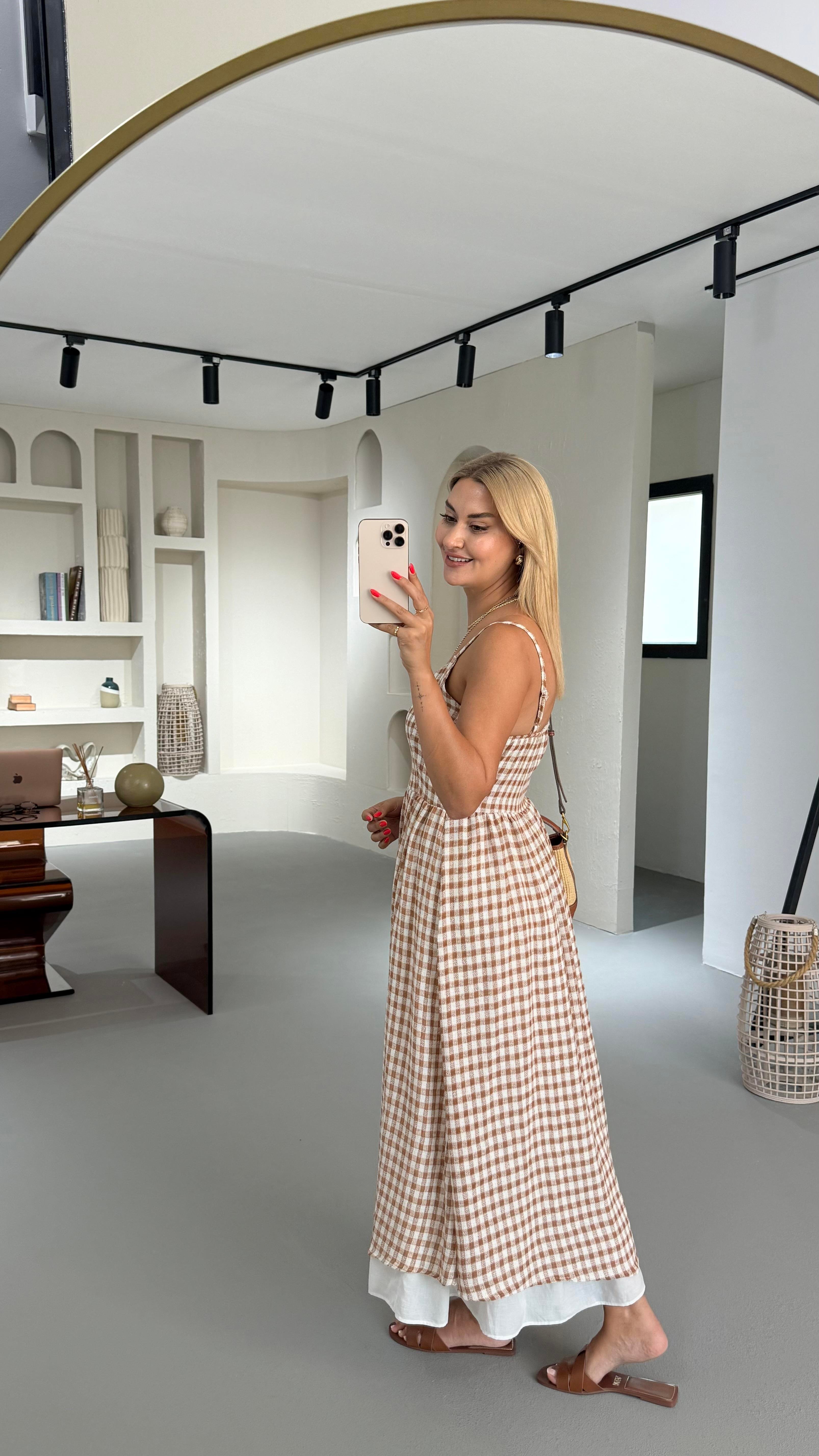 Poplin Detay Boydan Düğmeli Kahve Pötikare Elbise