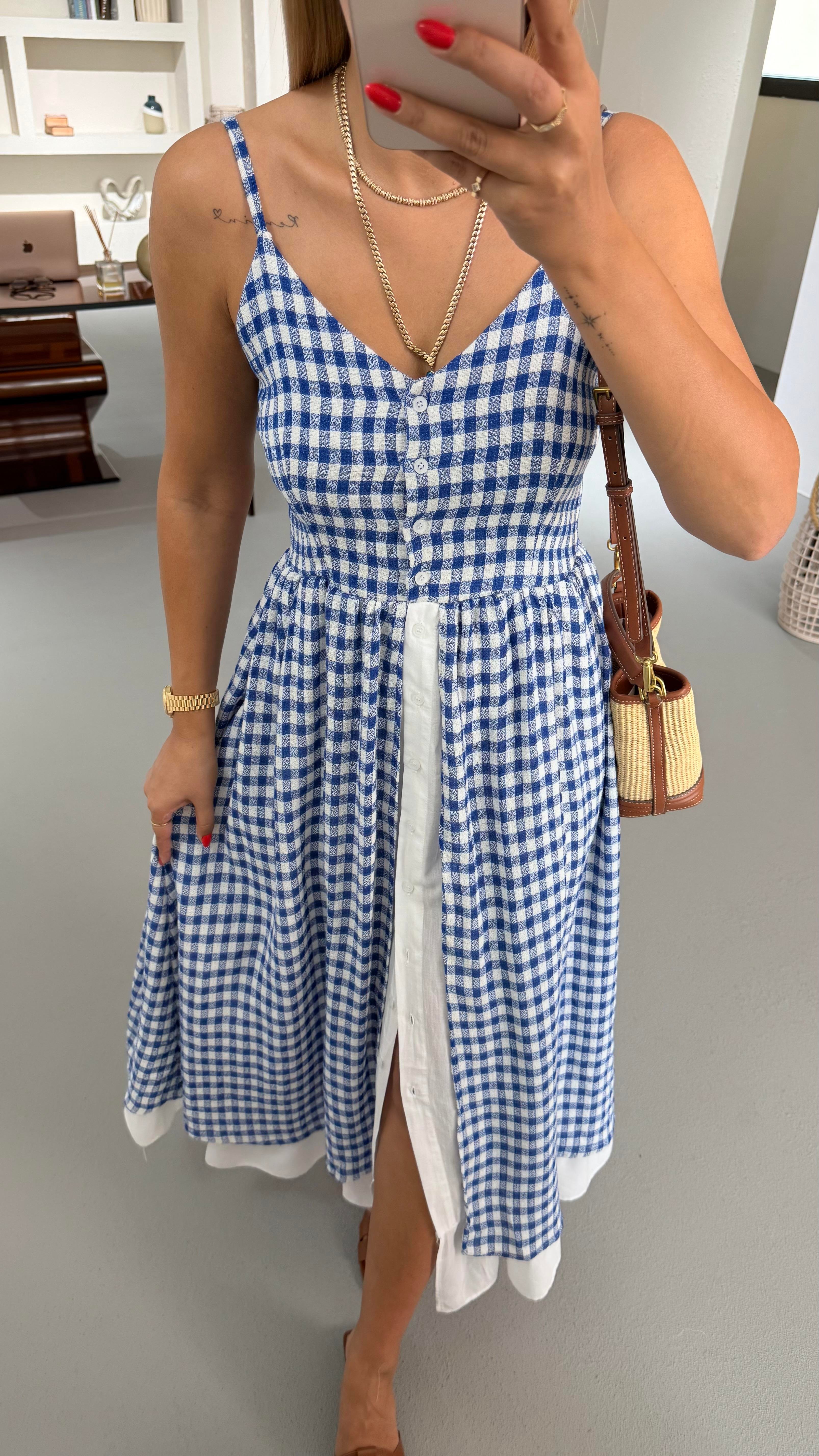 Poplin Detay Boydan Düğmeli Lacivert Pötikare Elbise