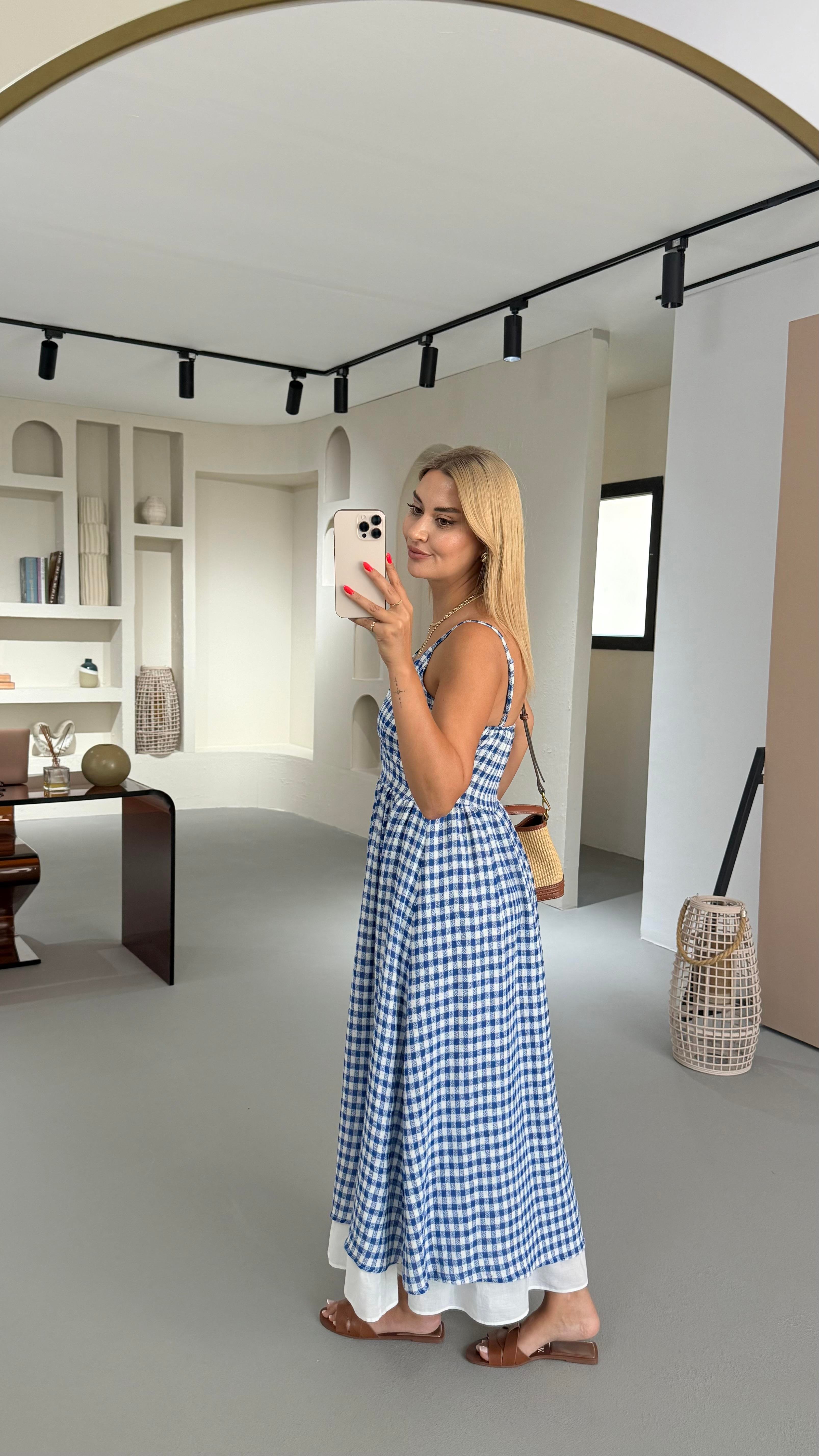 Poplin Detay Boydan Düğmeli Lacivert Pötikare Elbise