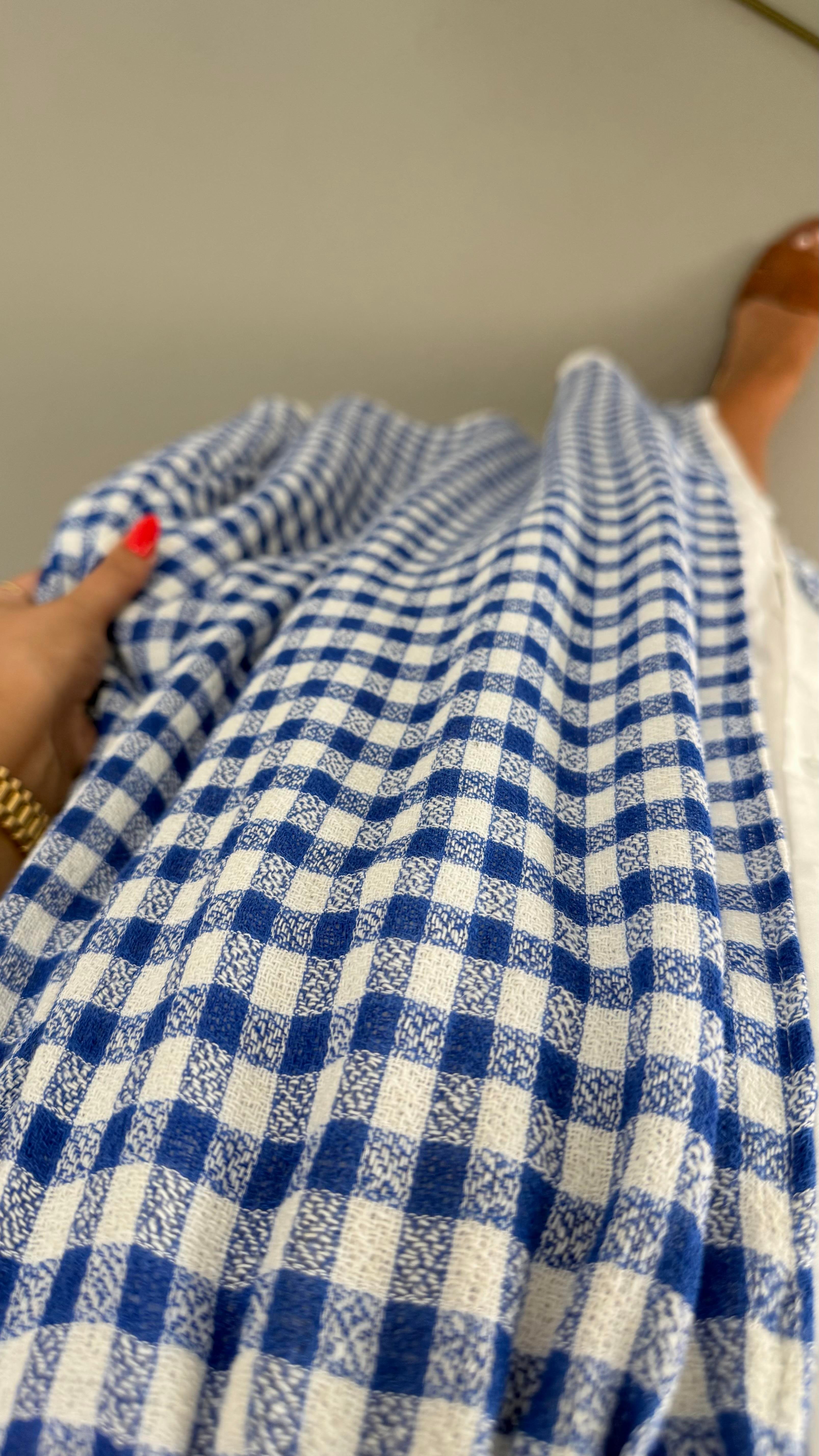 Poplin Detay Boydan Düğmeli Lacivert Pötikare Elbise