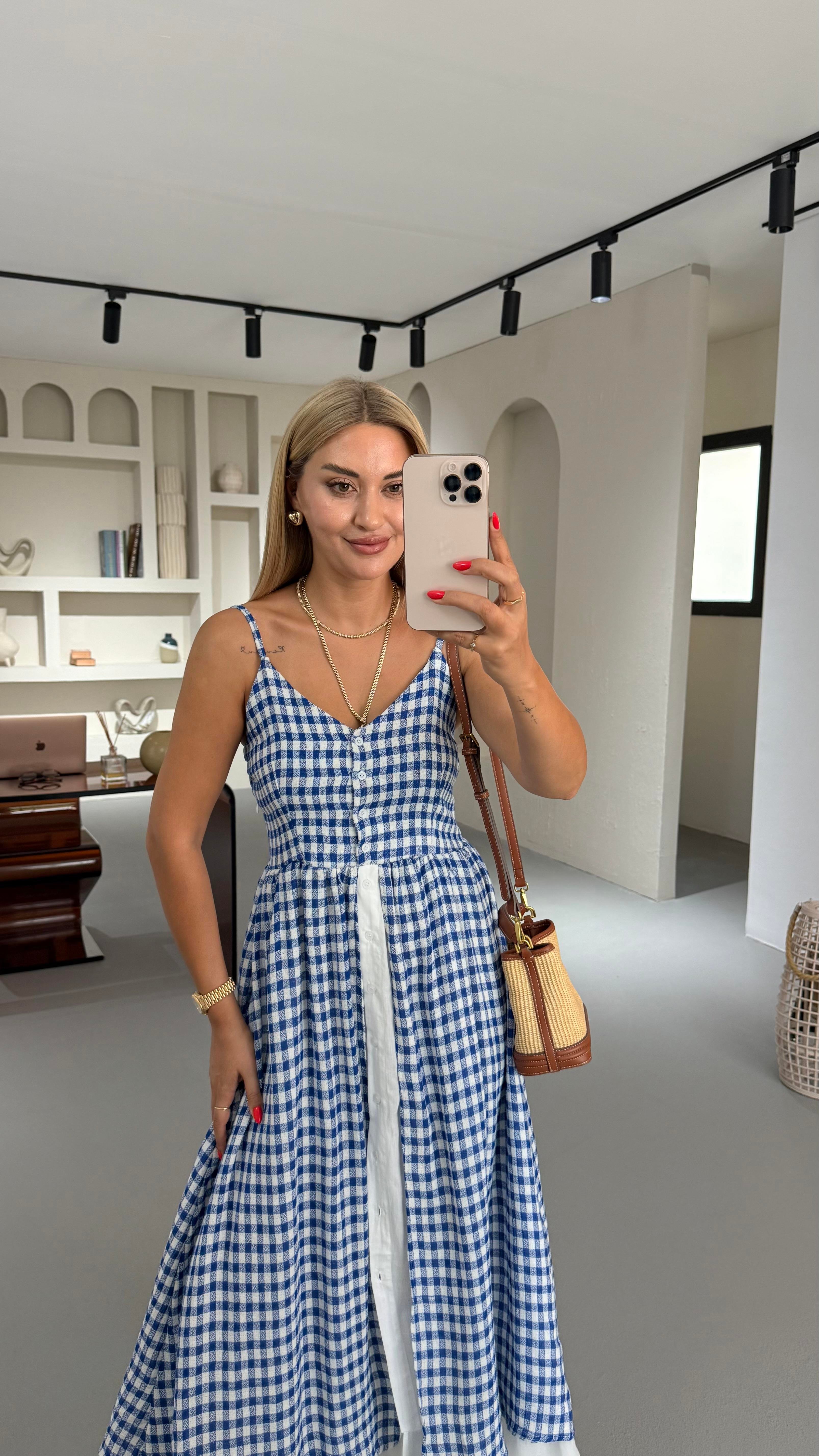 Poplin Detay Boydan Düğmeli Lacivert Pötikare Elbise