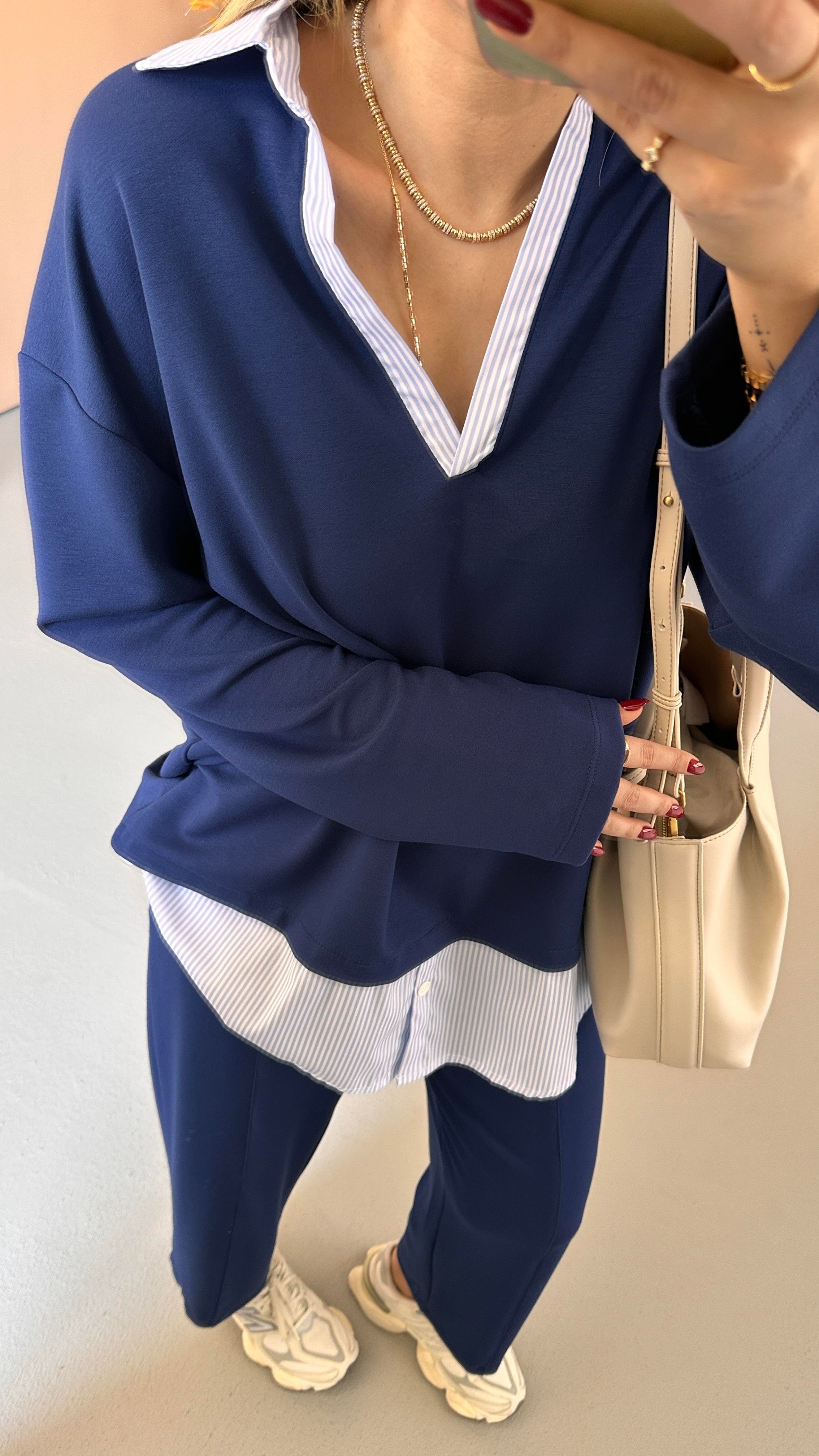 Poplin Detay Lacivert Modal Sweat Pantolon Takım