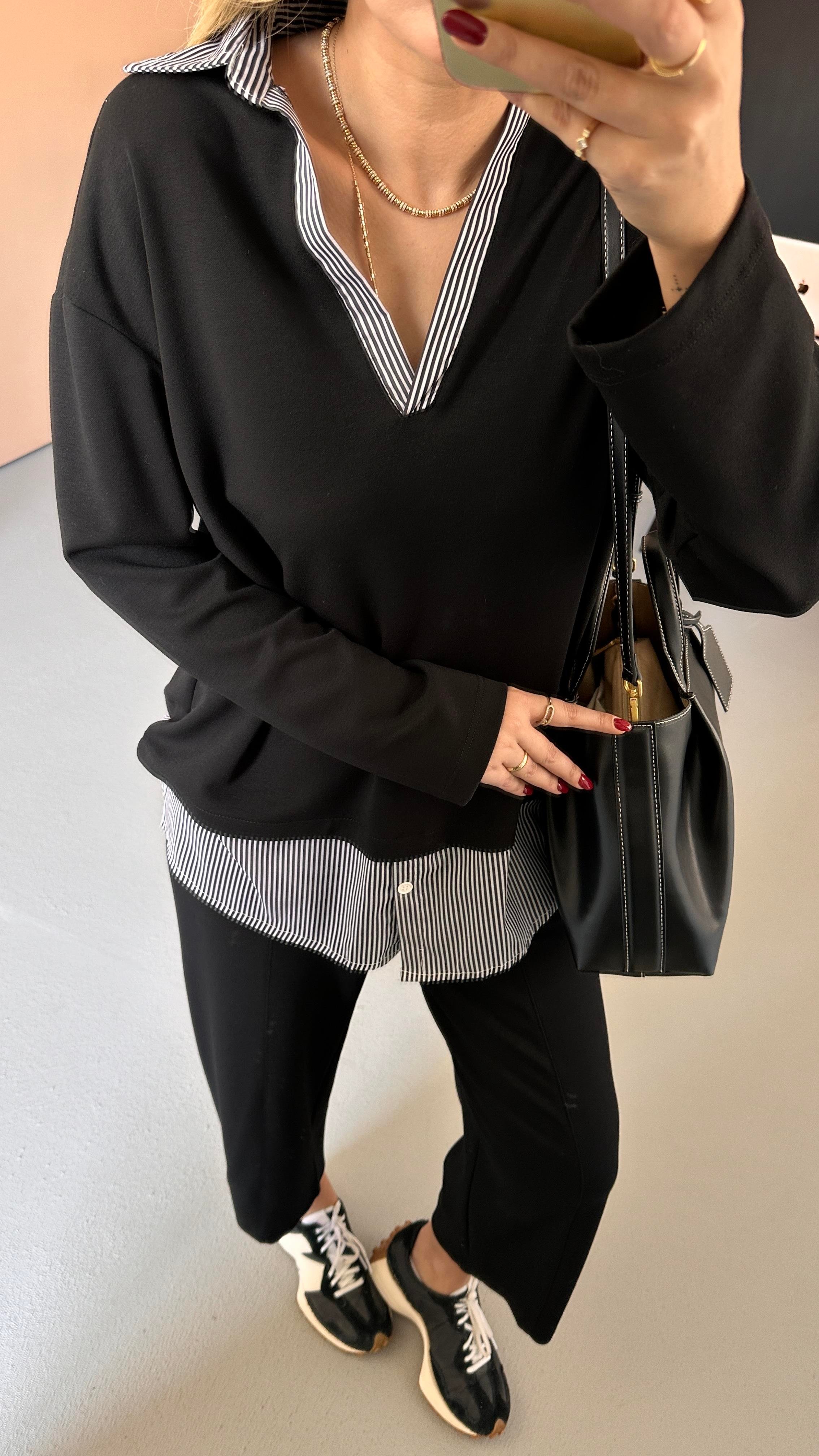 Poplin Detay Siyah Modal Sweat Pantolon Takım