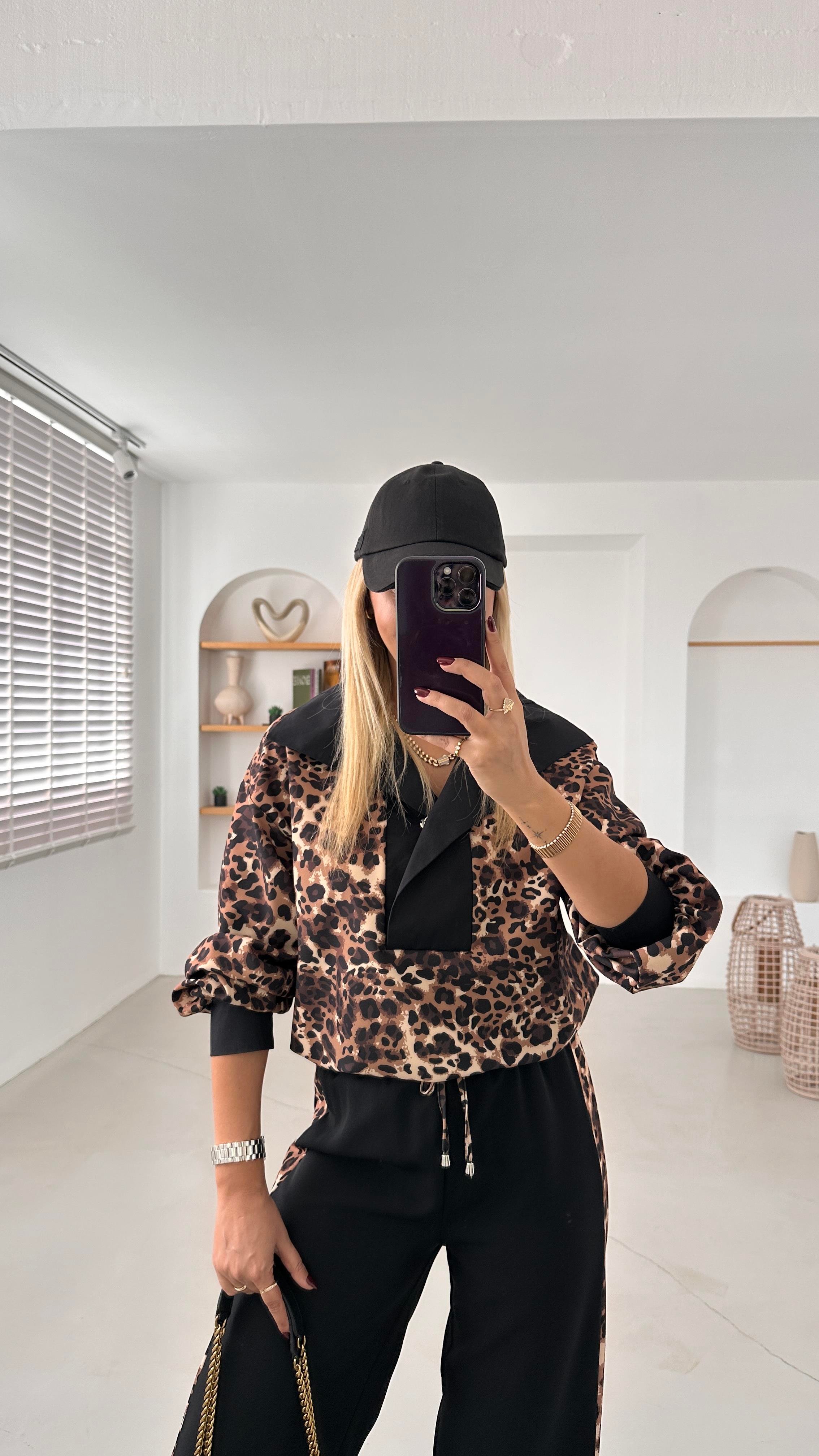 Poplin Yaka Beli Lastikli Leopar Sweat