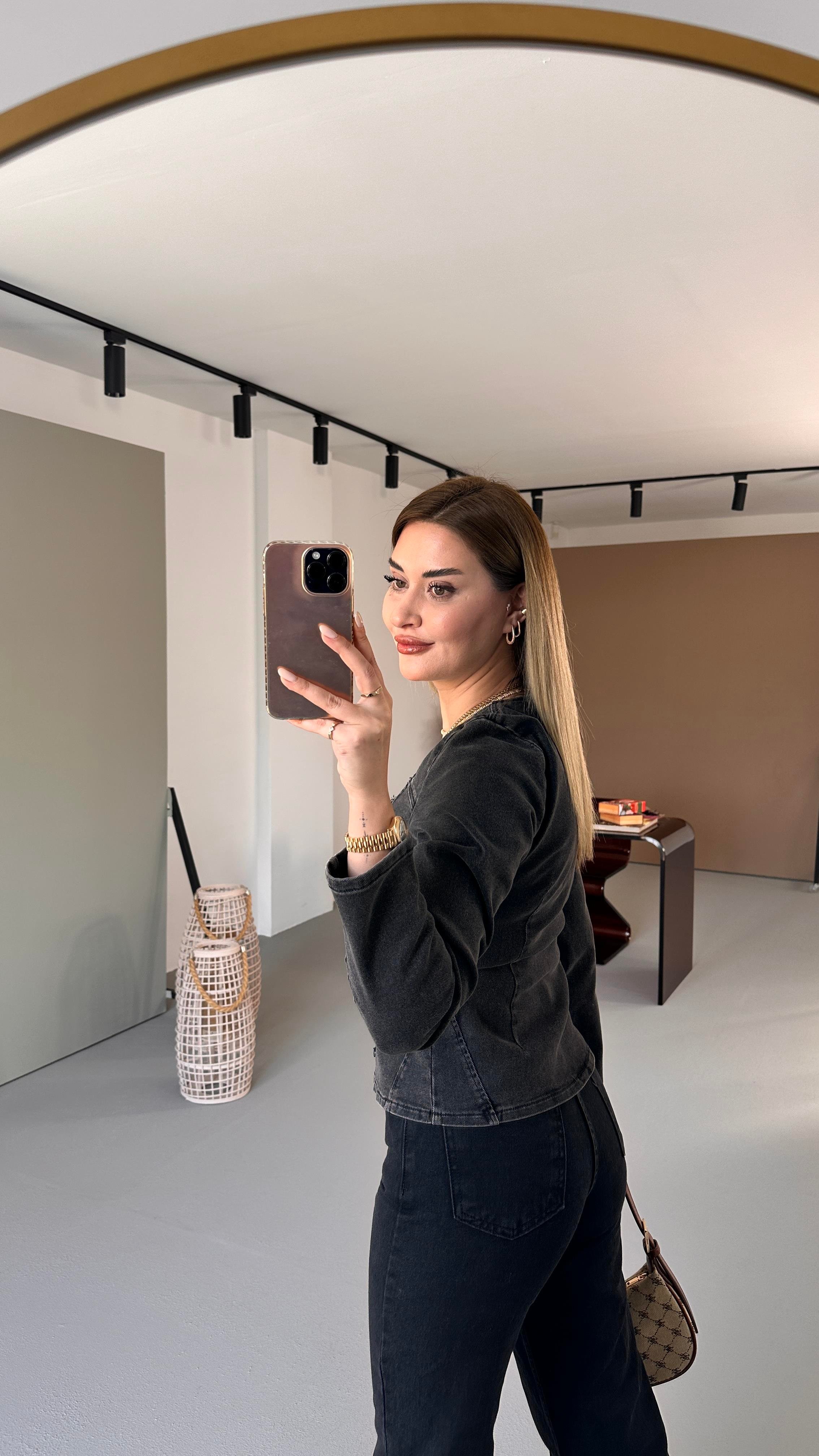 Premium Seri Agraflı Antrasit Denim Bluz