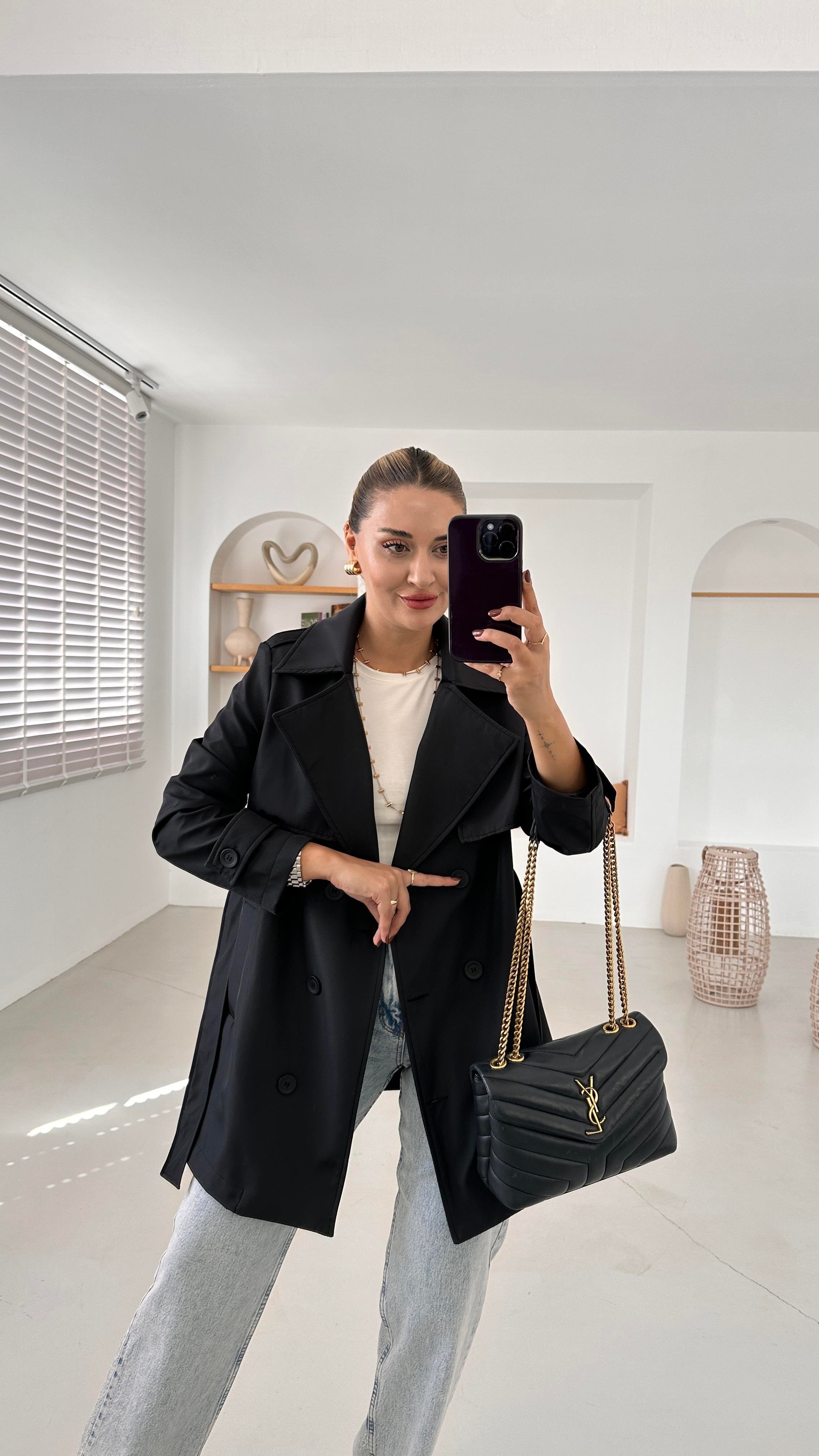 Premium Seri Apolet Detay Astarlı Siyah Trenç