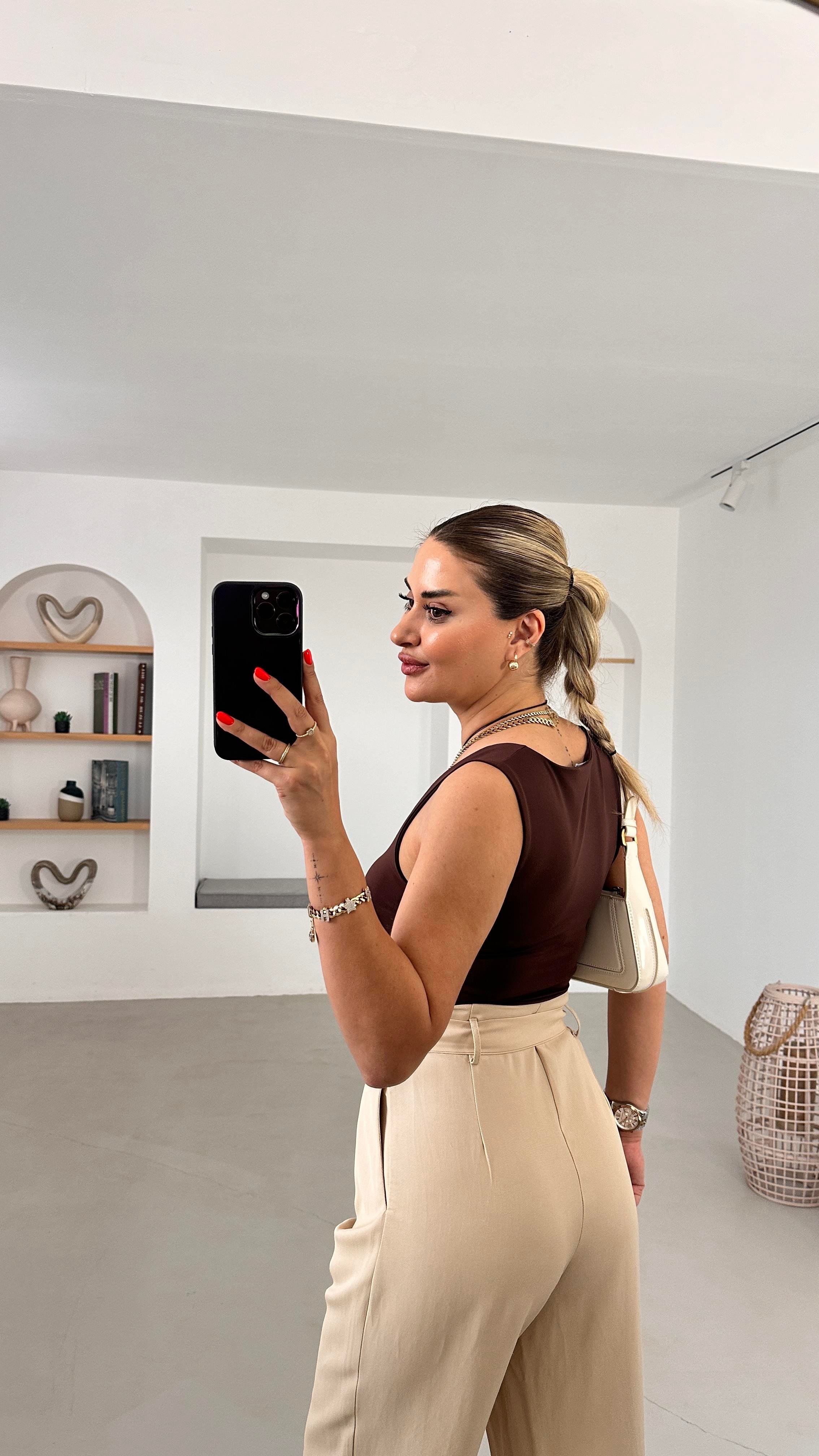 Premium Seri Bel Detay Kemerli Vanilya Palazzo Pantolon