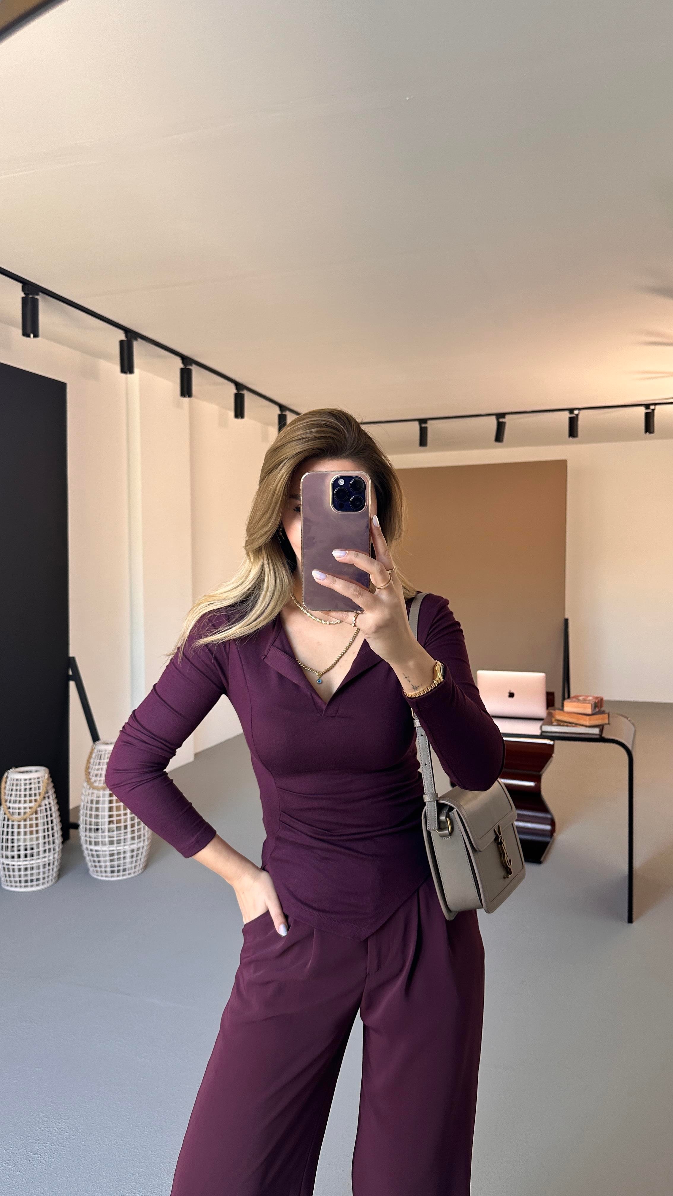 Premium Seri Bel Drapeli Bordo Bluz