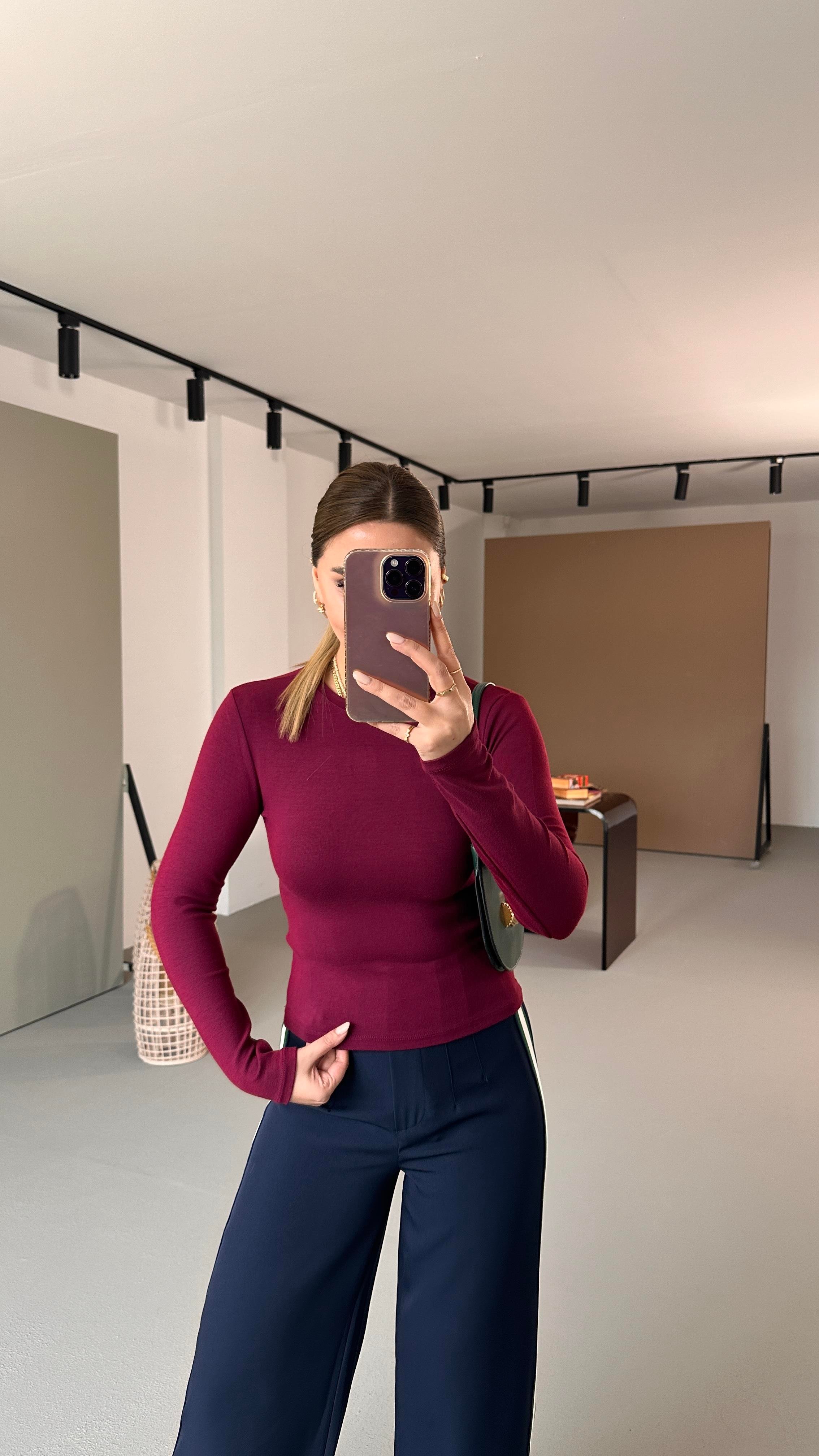 Premium Seri Bisiklet Yaka Bordo Pamuklu Basic
