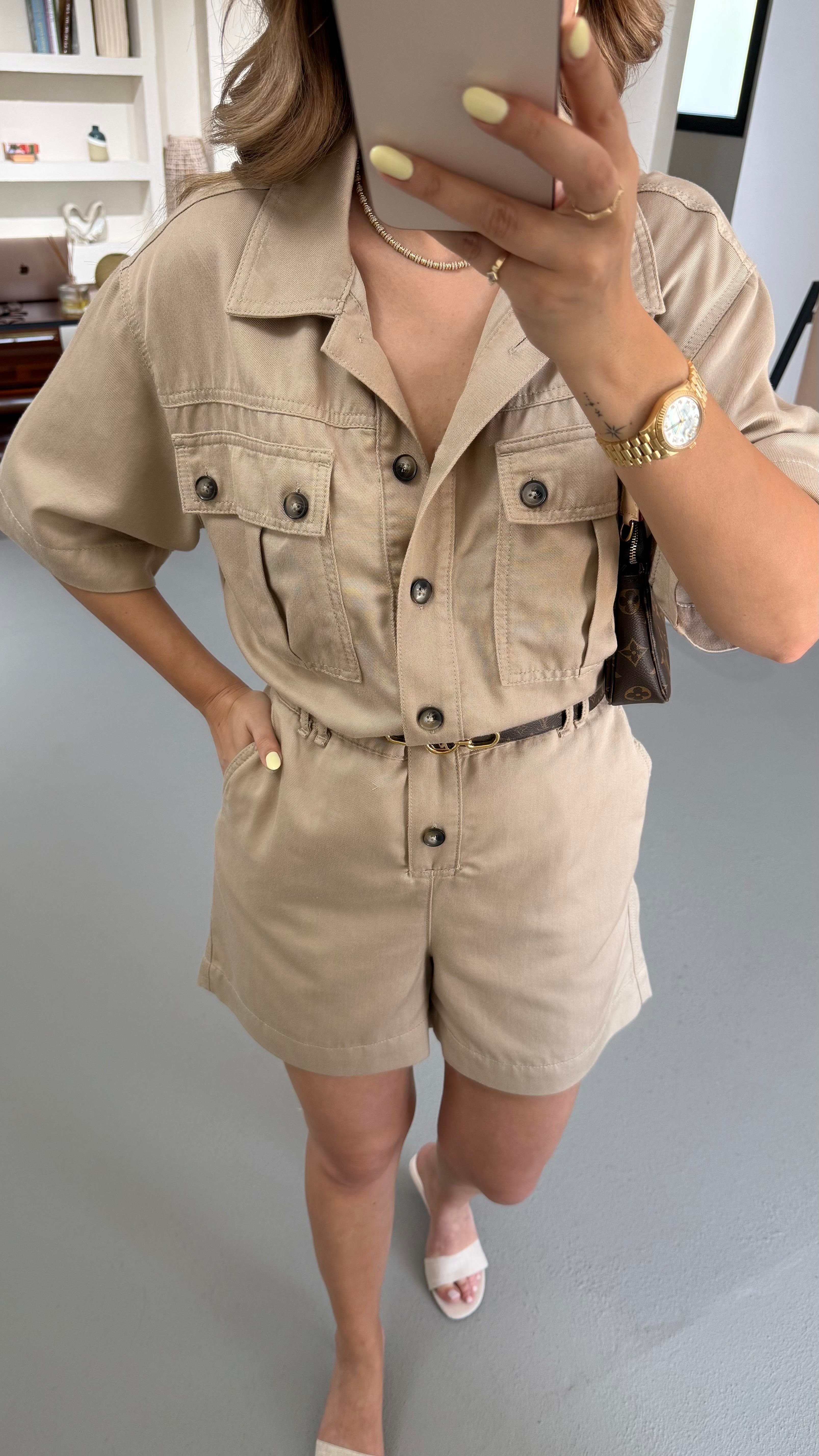 Premium Seri Cep Detay Bel Lastikli Taş Tensel Denim Tulum