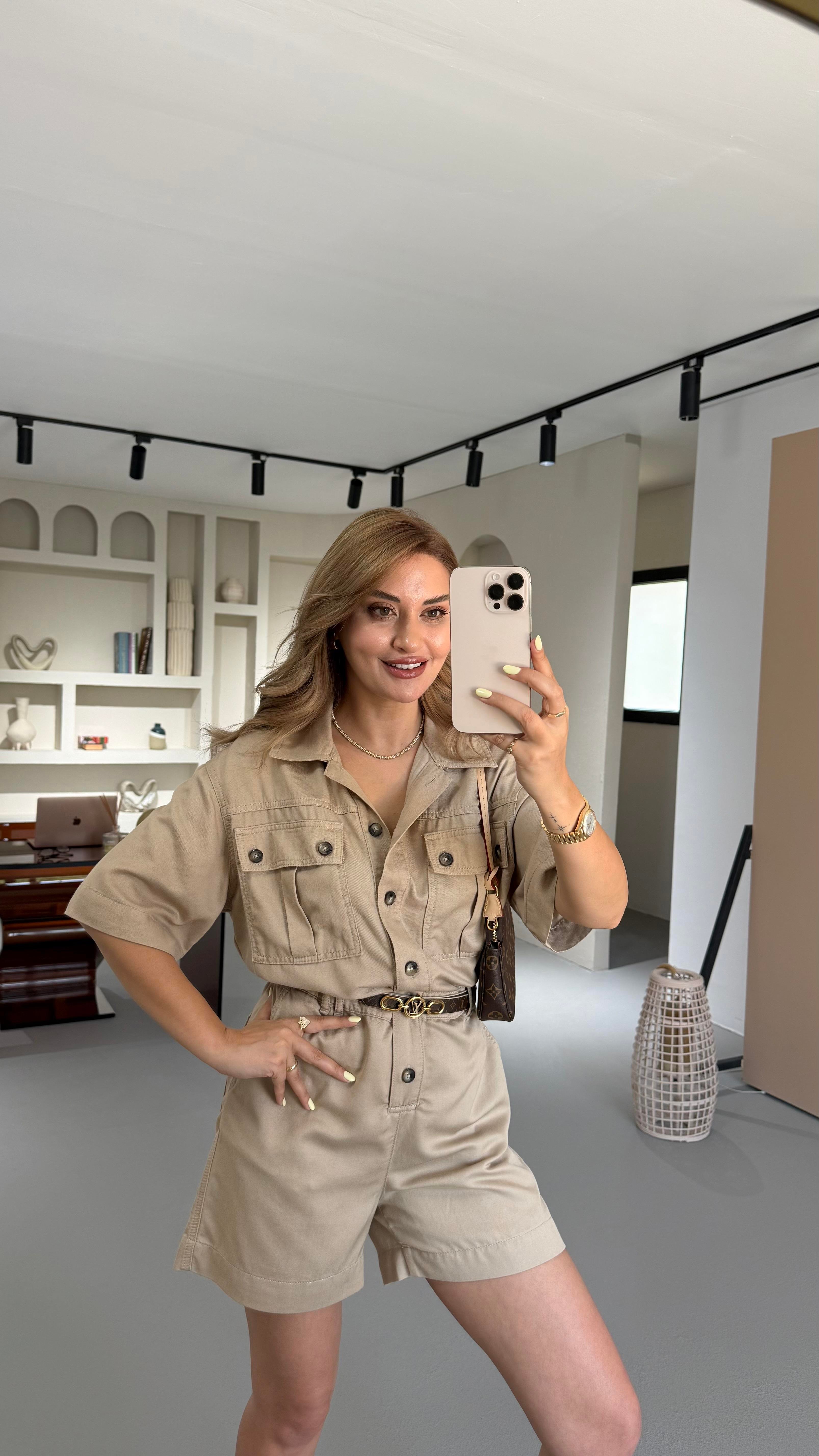 Premium Seri Cep Detay Bel Lastikli Taş Tensel Denim Tulum