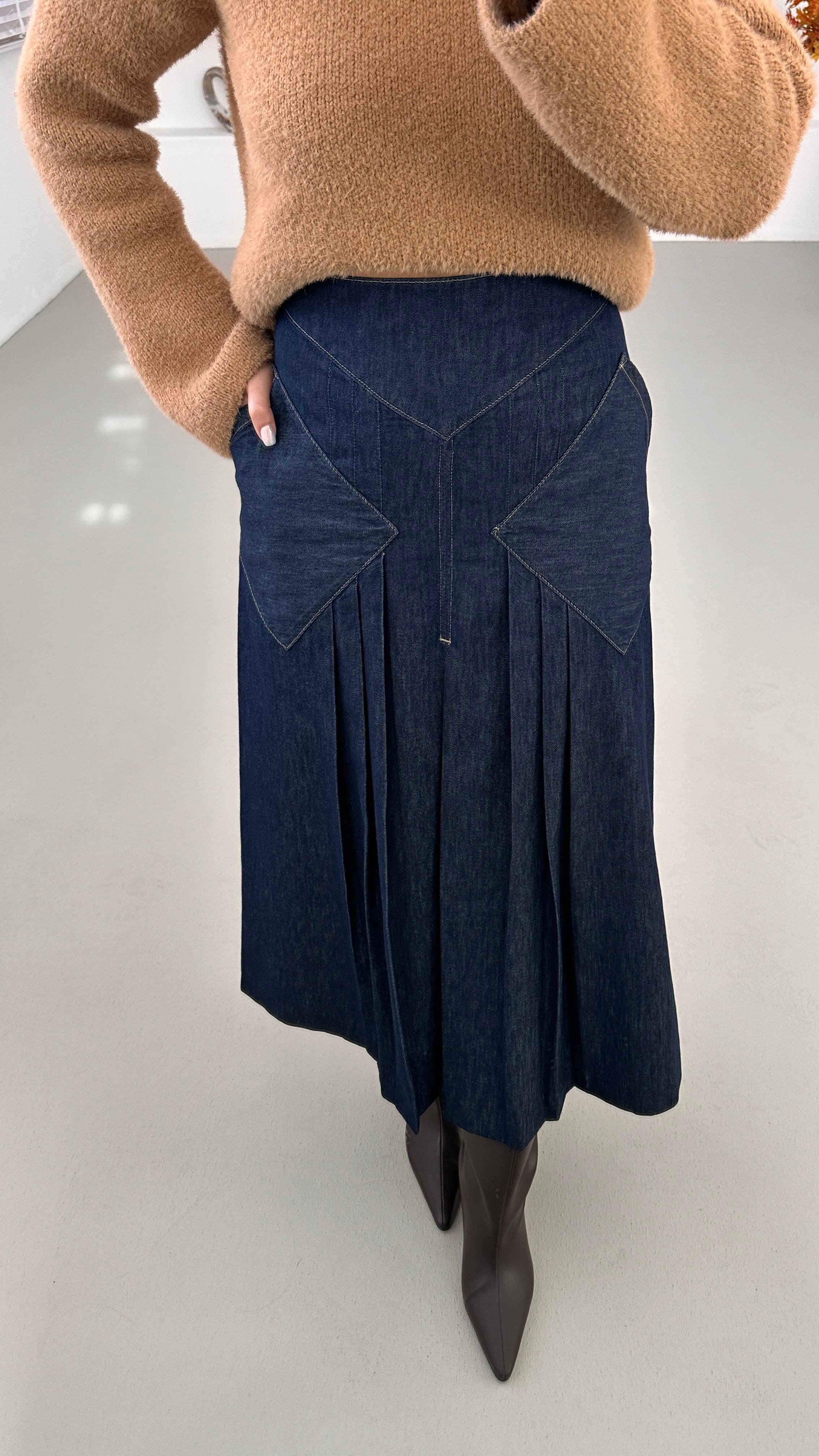Premium Seri Cep Detay Piliseli Maxi Denim Etek