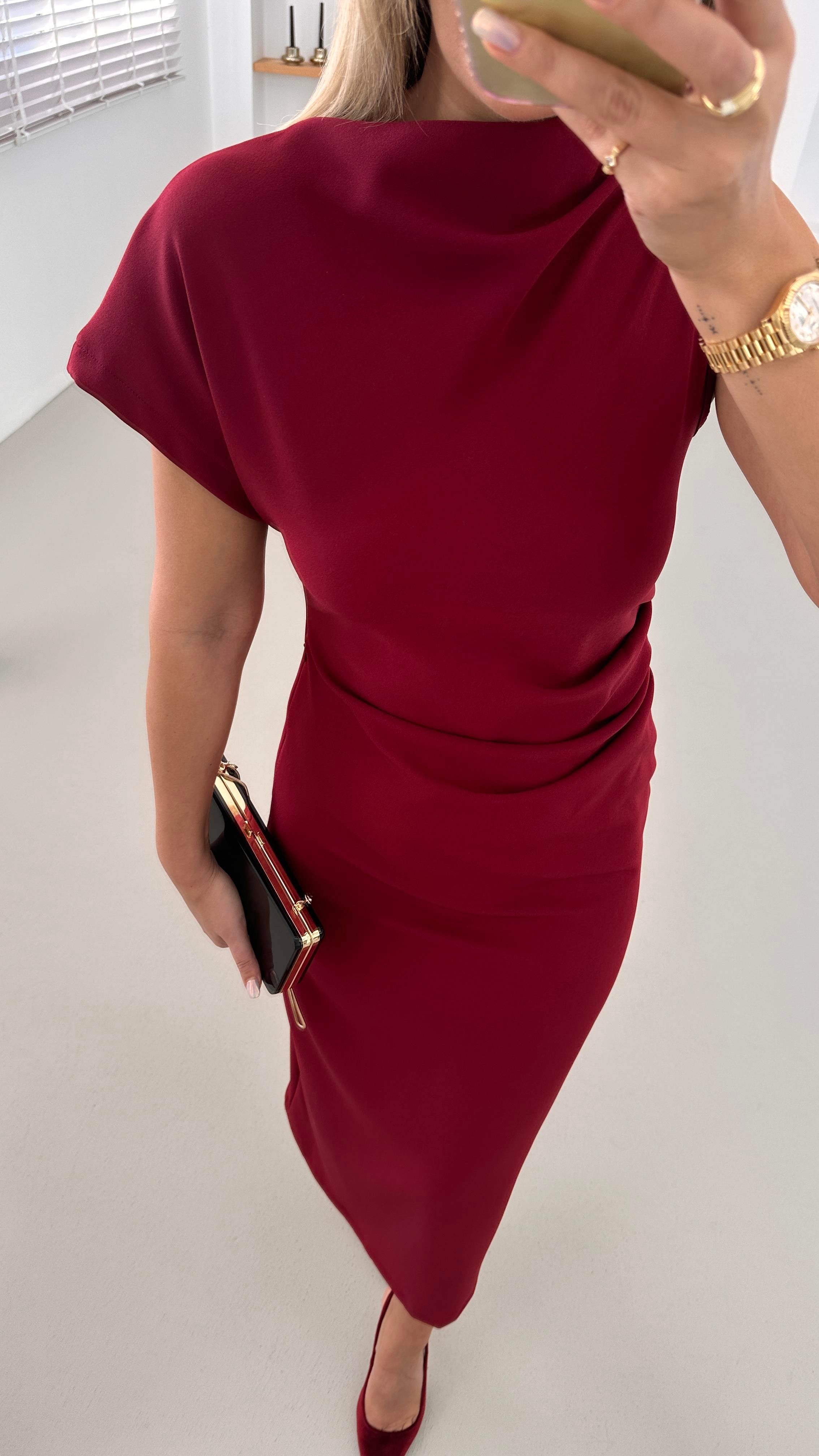 Premium Seri Drape Detay Yırtmaçlı Bordo Elbise