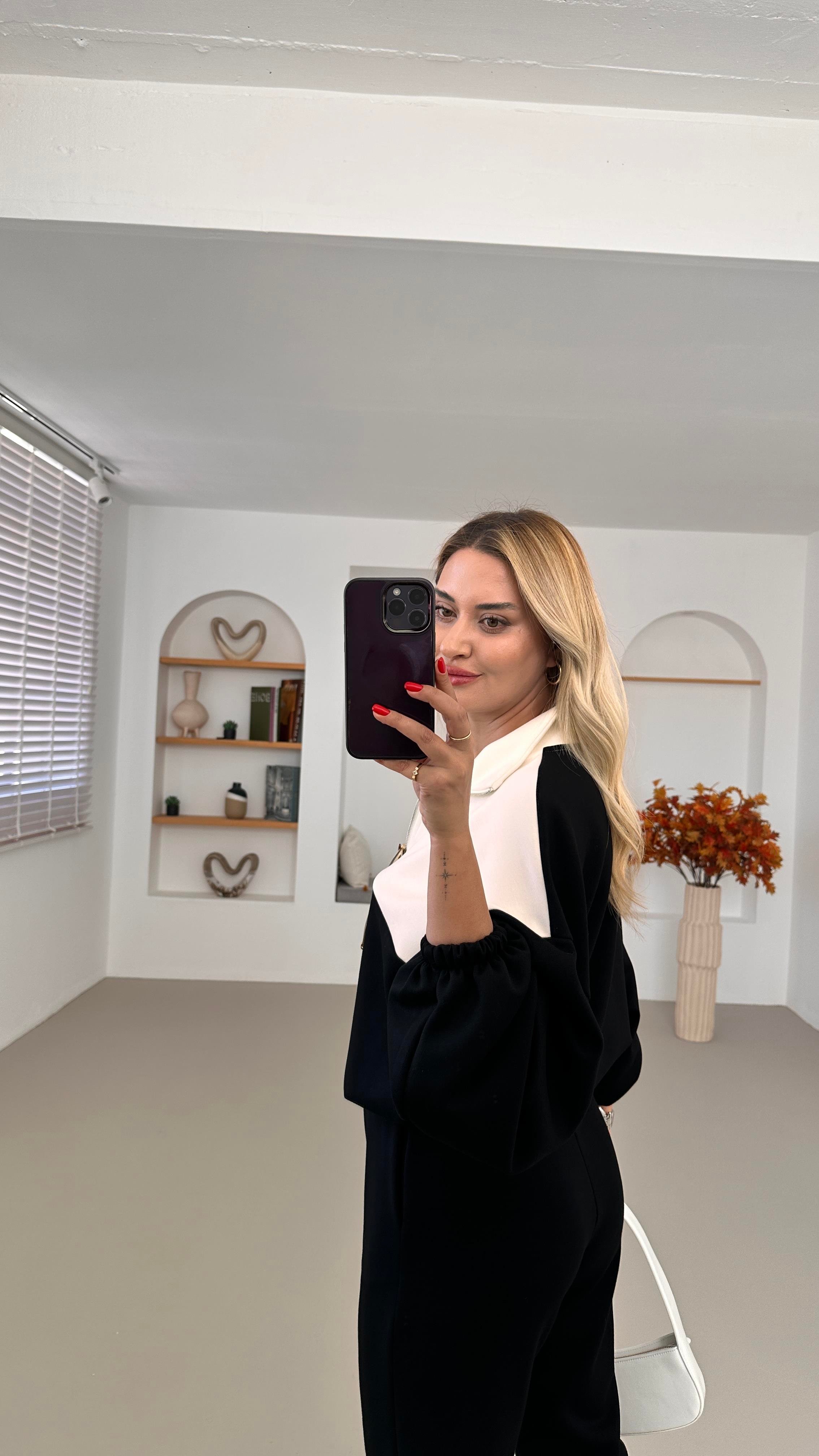Premium Seri Fermuar Detay Renk Bloklu Siyah Modal Takım
