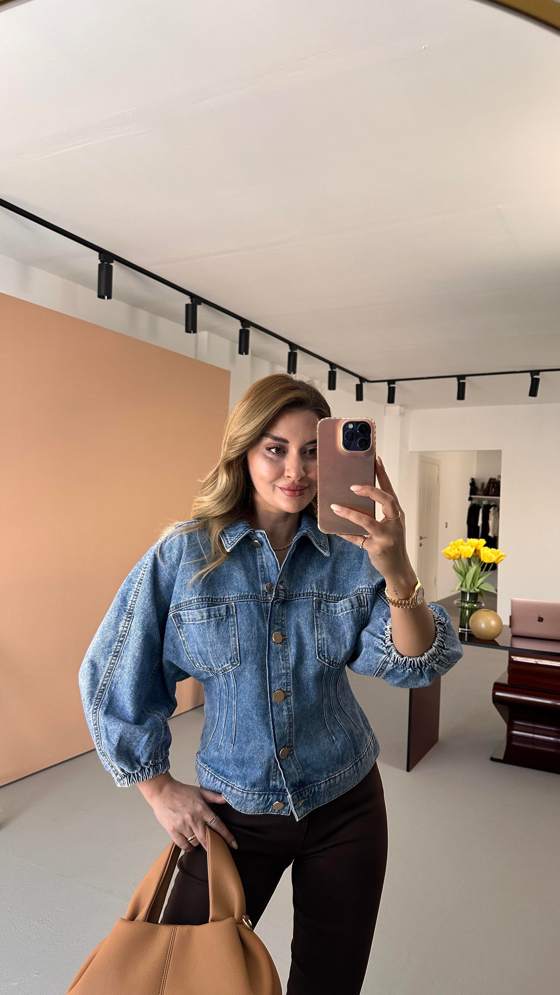 Premium Seri Gold Düğme Detay Balon Kol Denim Ceket