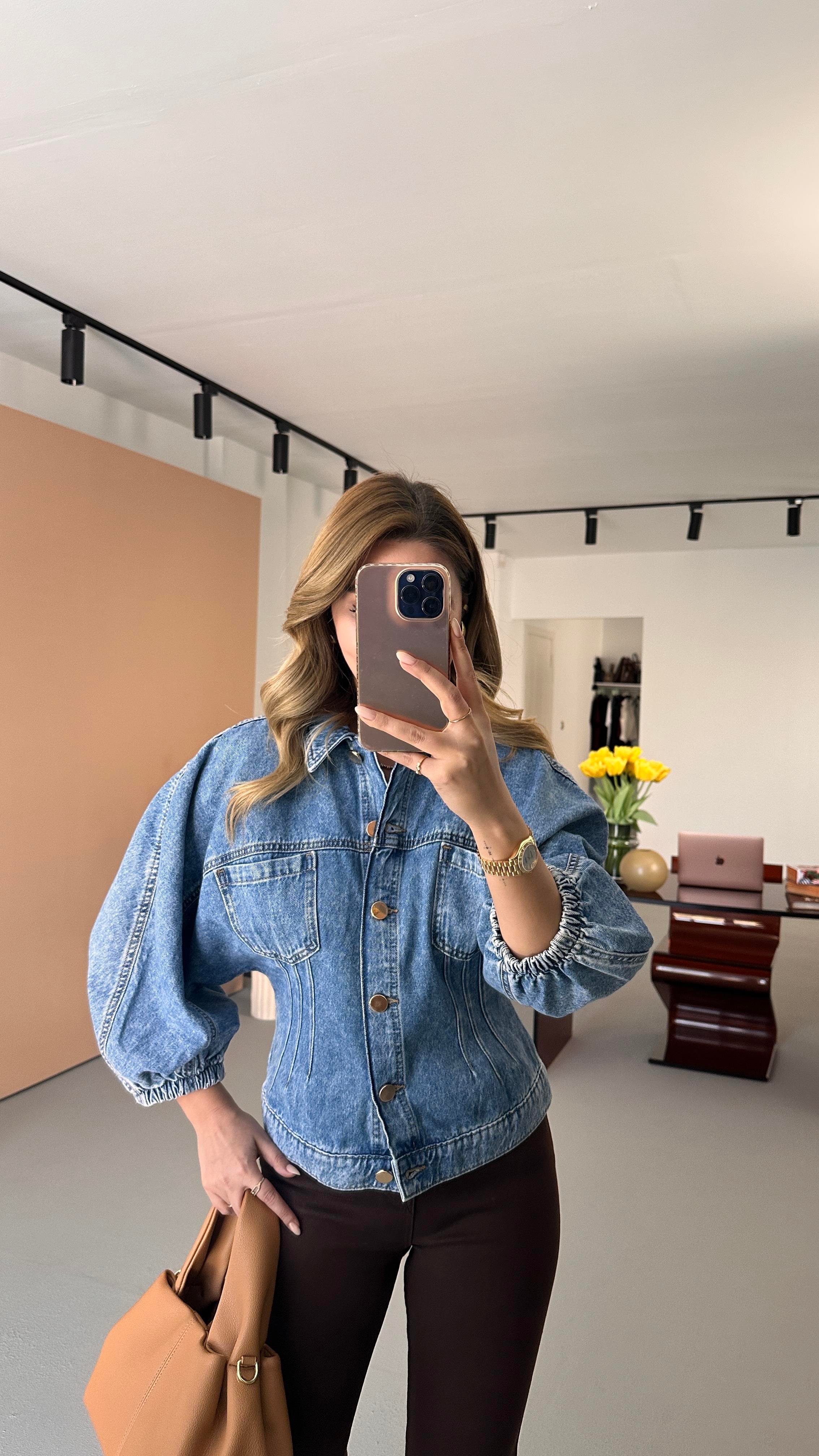 Premium Seri Gold Düğme Detay Balon Kol Denim Ceket