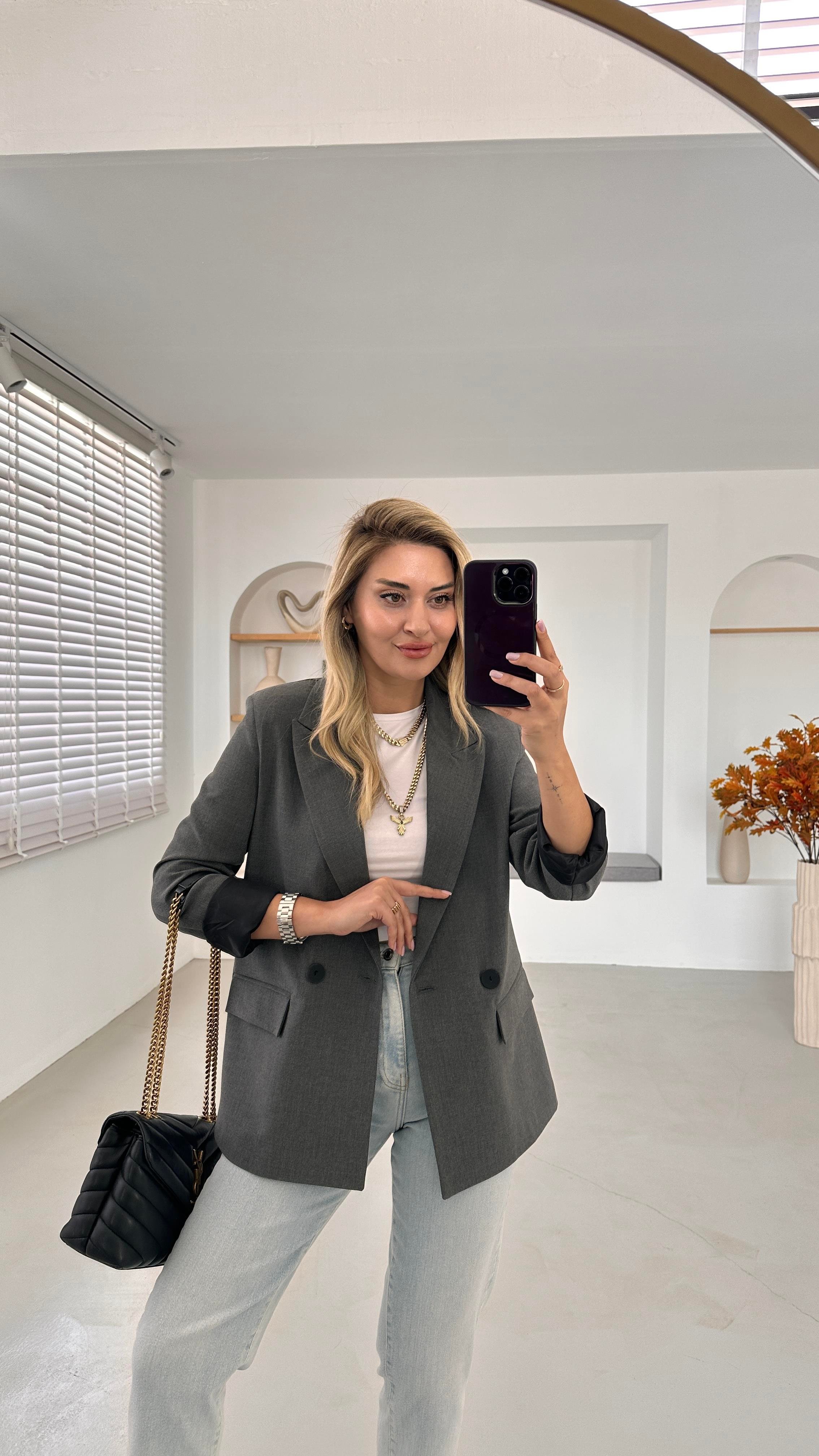 Premium Seri İki Düğme Astarlı Antrasit Blazer Ceket