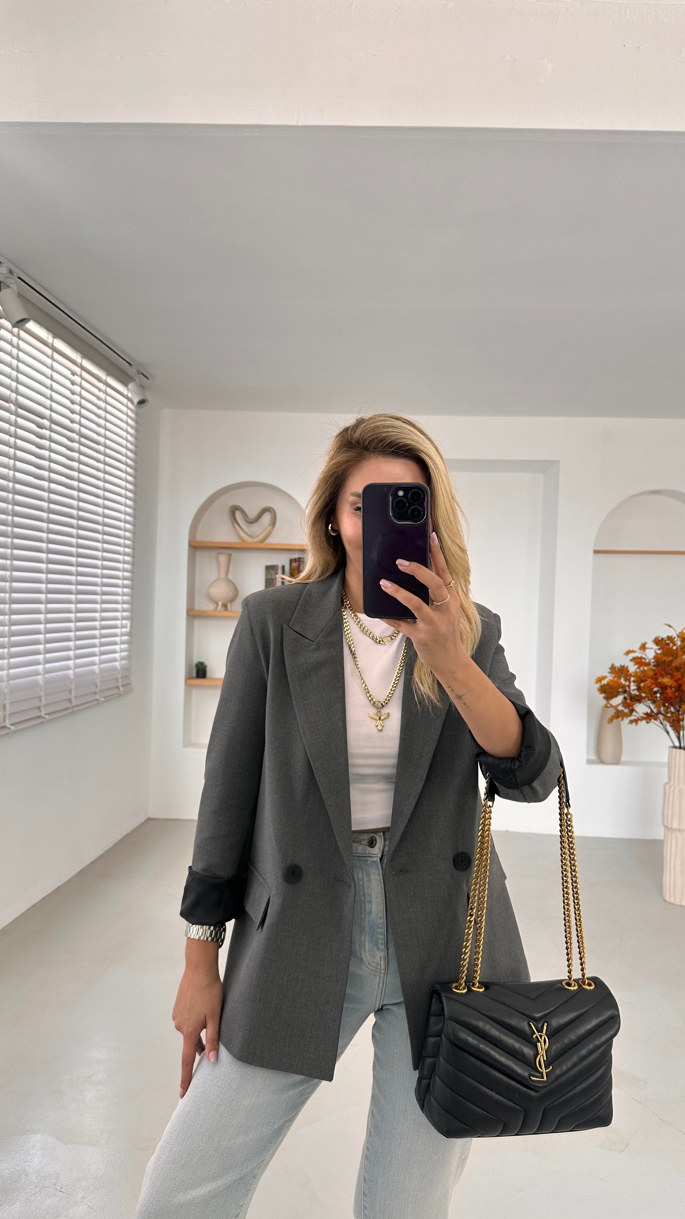 Premium Seri İki Düğme Astarlı Antrasit Blazer Ceket