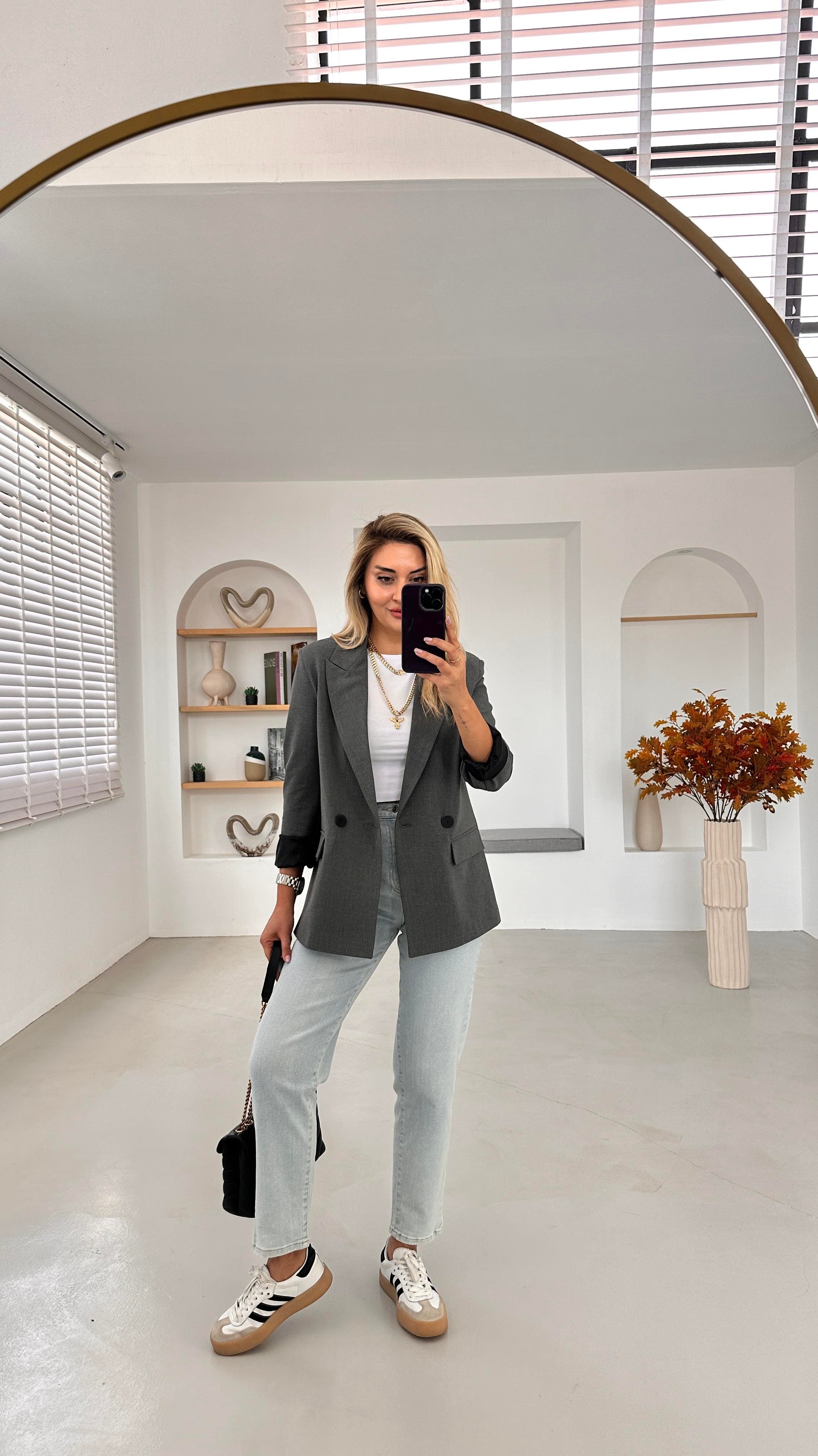 Premium Seri İki Düğme Astarlı Antrasit Blazer Ceket