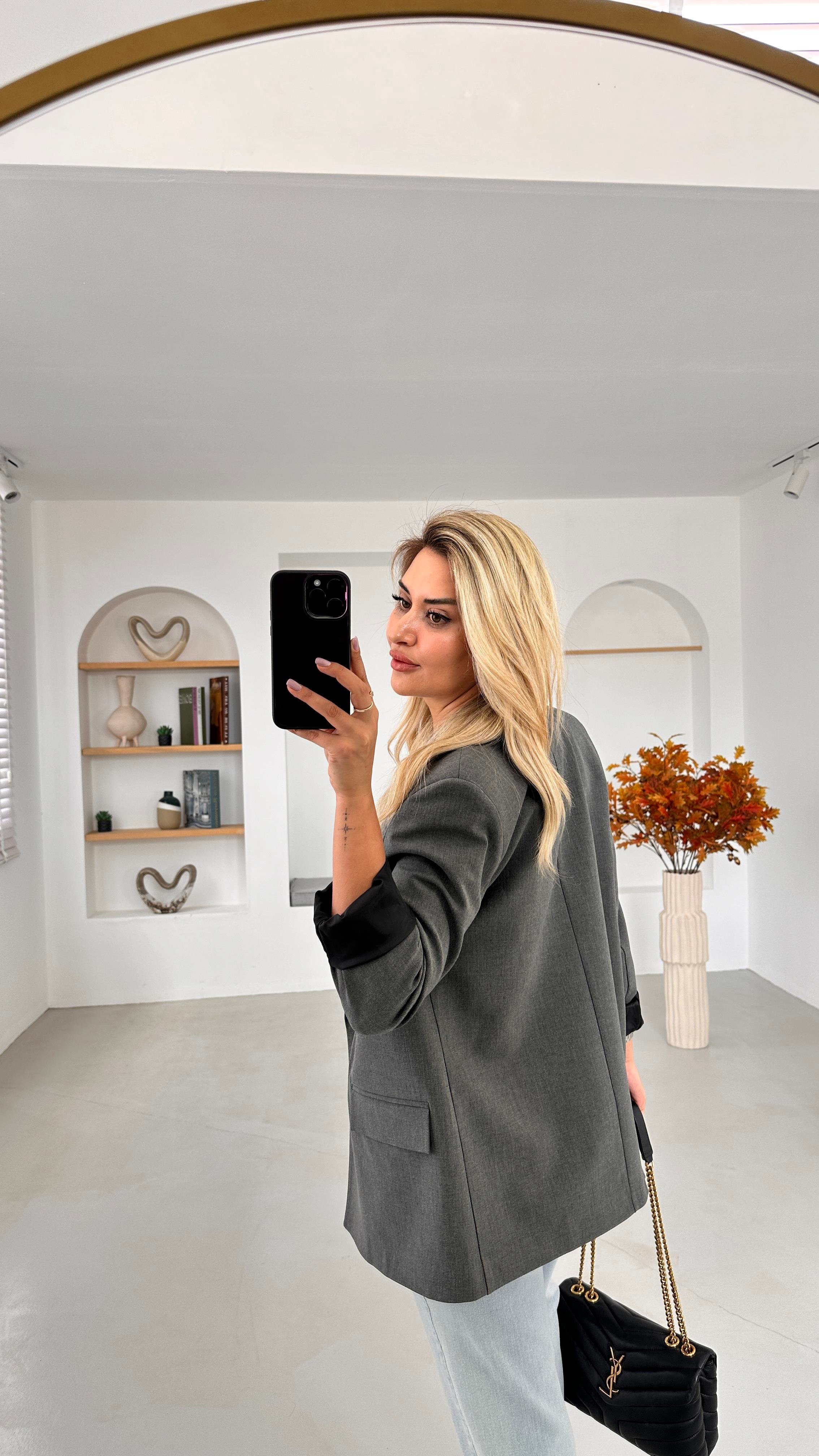 Premium Seri İki Düğme Astarlı Antrasit Blazer Ceket