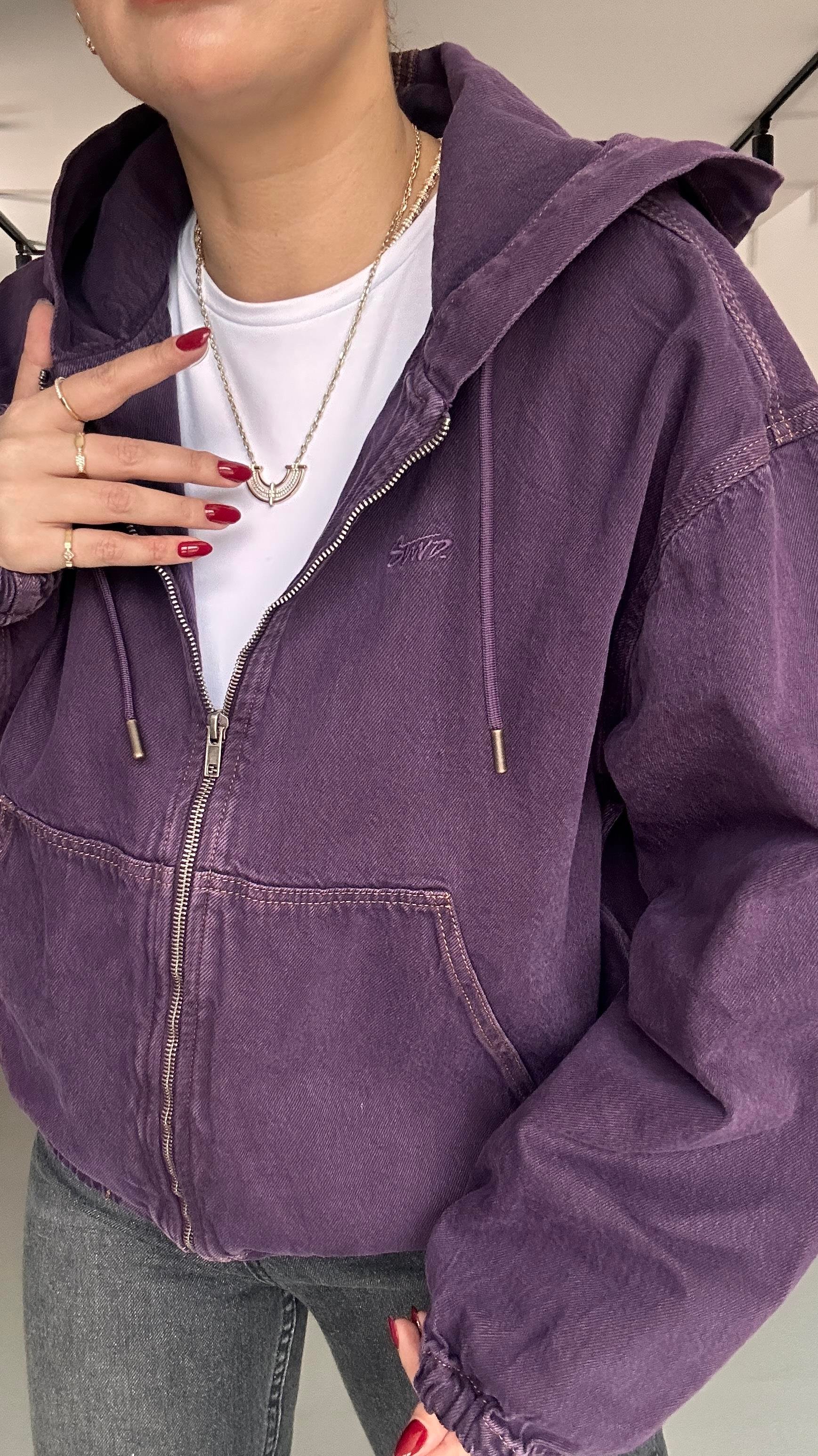 Premium Seri Kapüşonlu Mor Oversize Denim Sweat