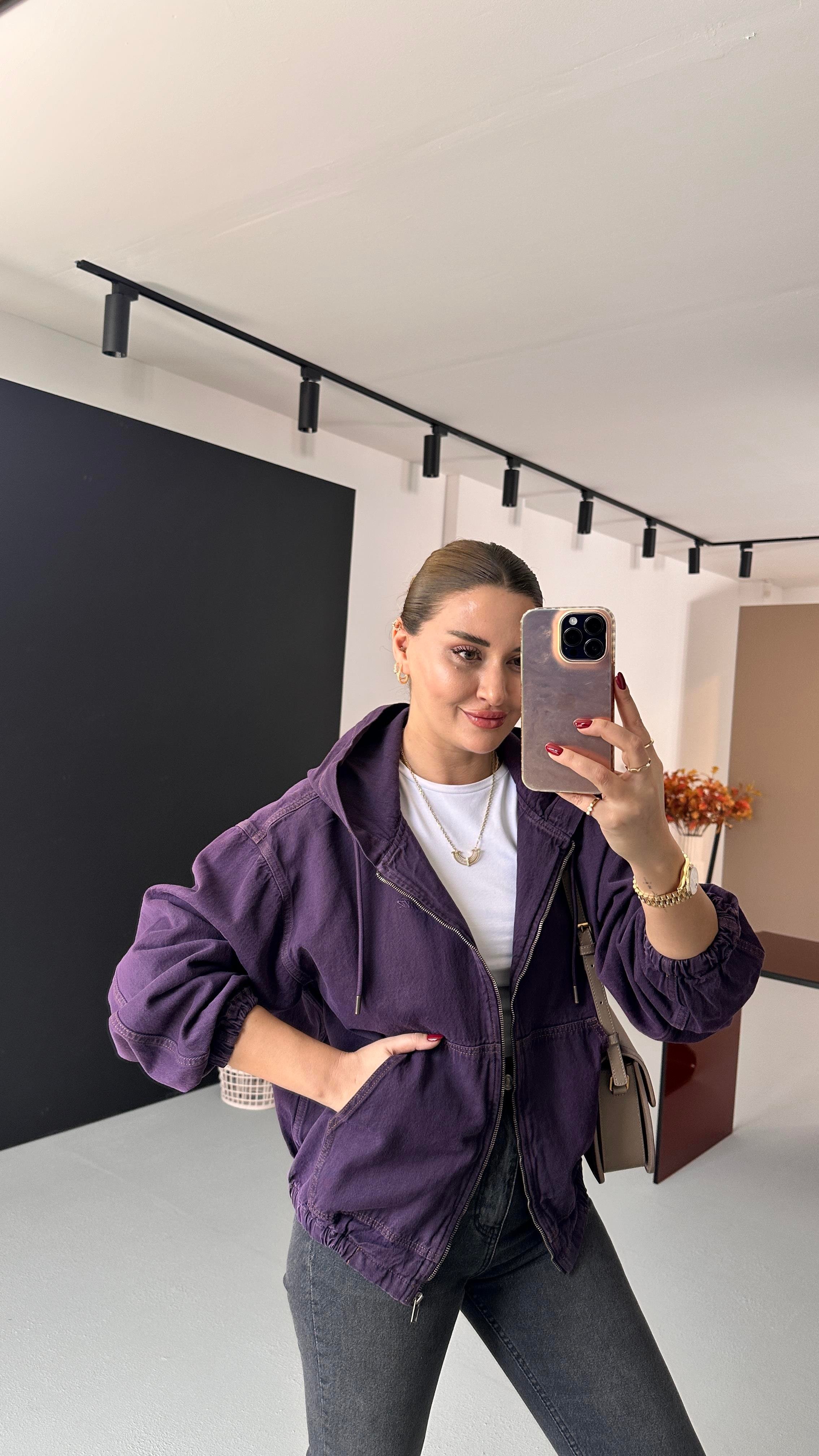Premium Seri Kapüşonlu Mor Oversize Denim Sweat