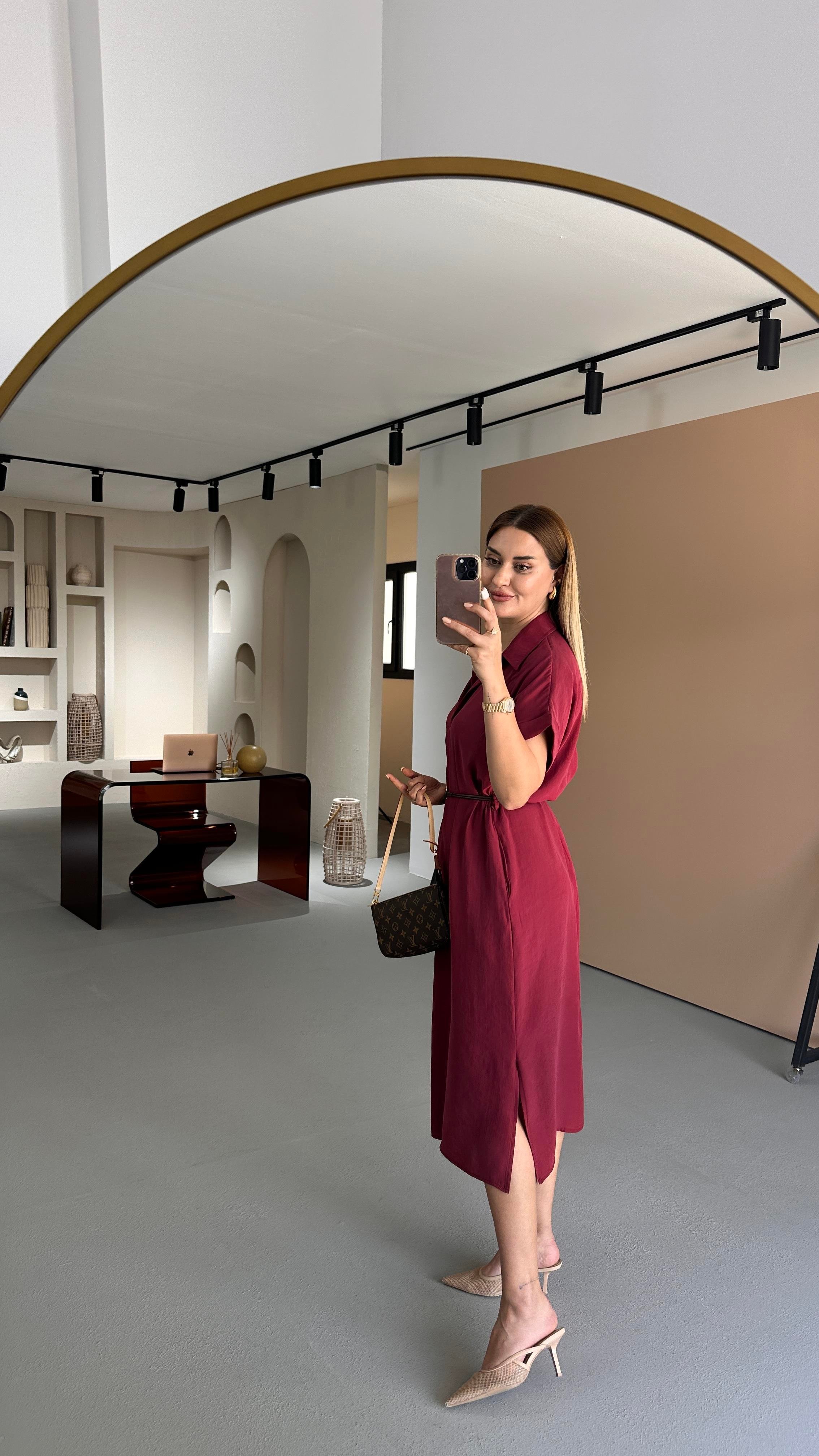 Premium Seri Kemerli Yırtmaç Detay Tensel Modal Bordo Elbise