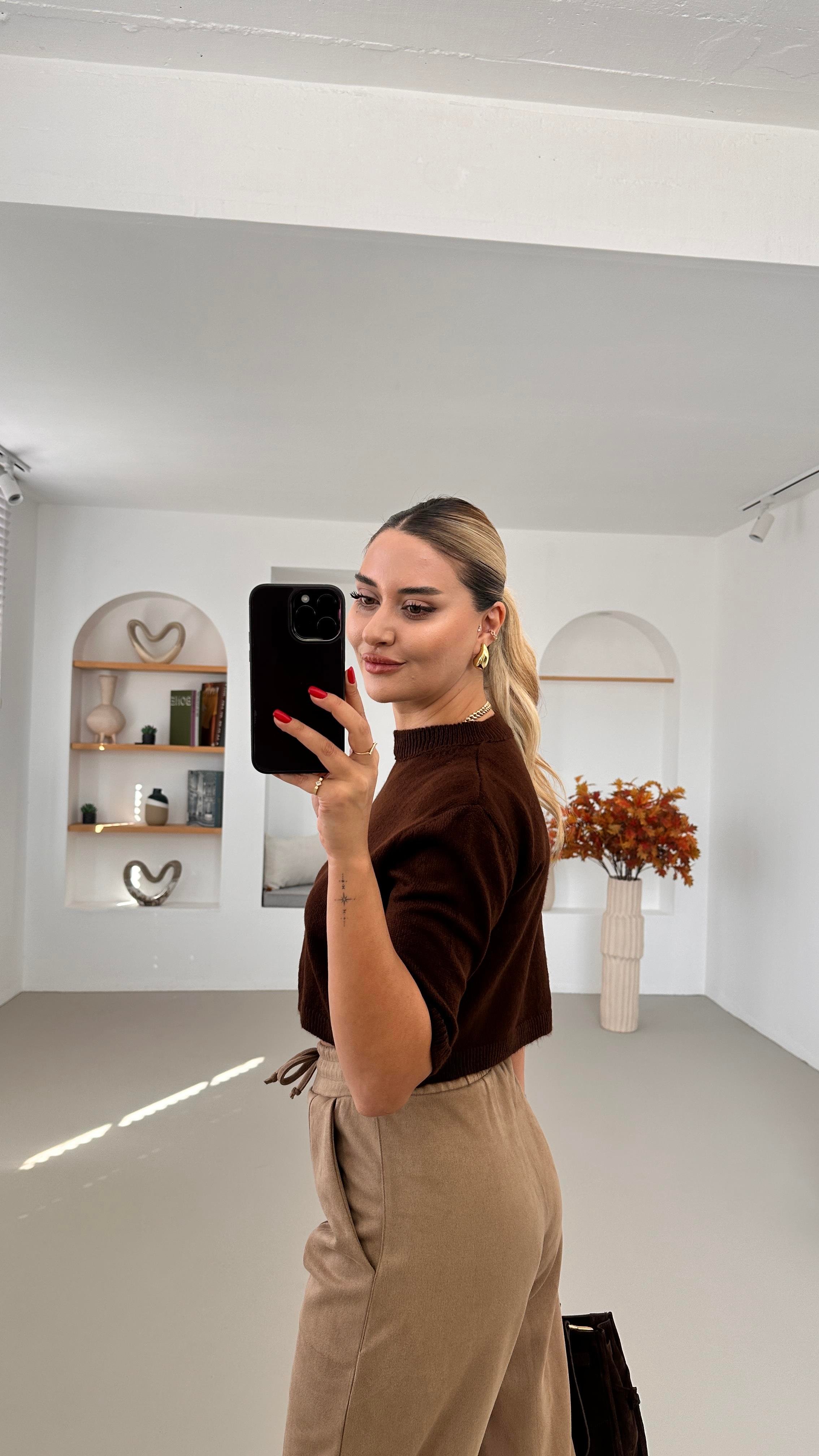 Premium Seri Kısa Kol Acı Kahve Triko Kazak