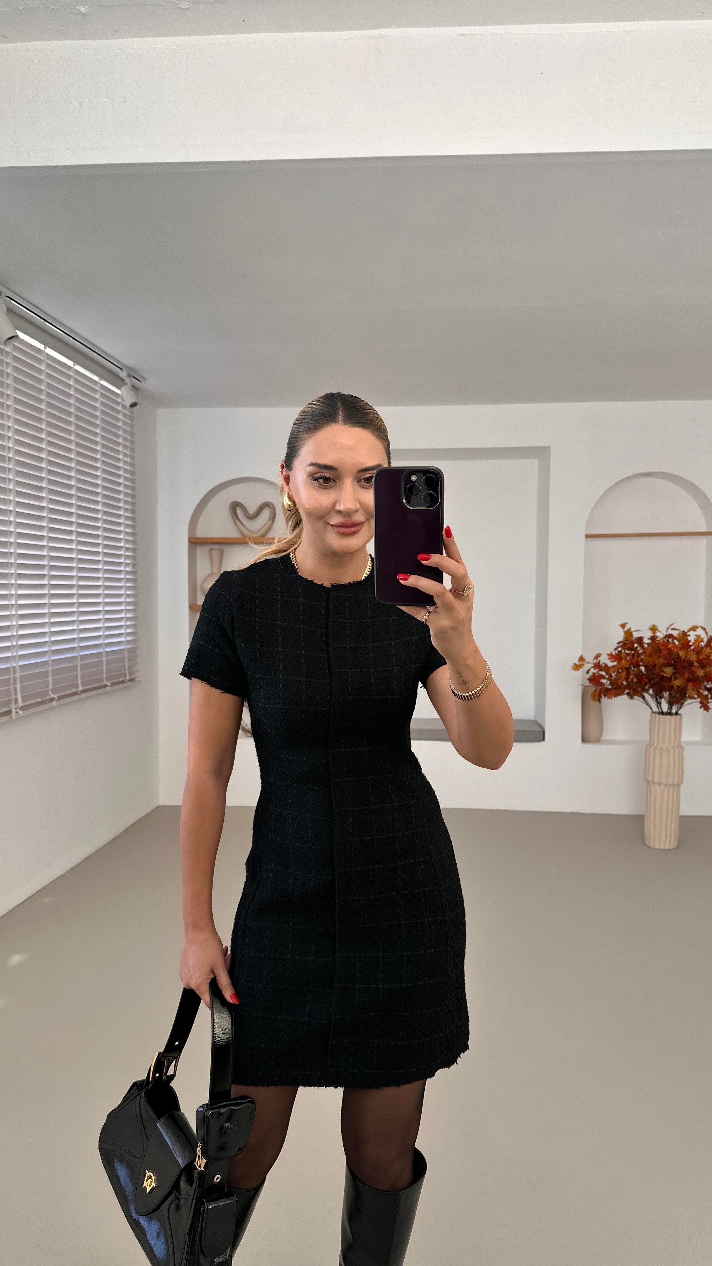 Premium Seri Kısa Kol Siyah Tüvit Elbise
