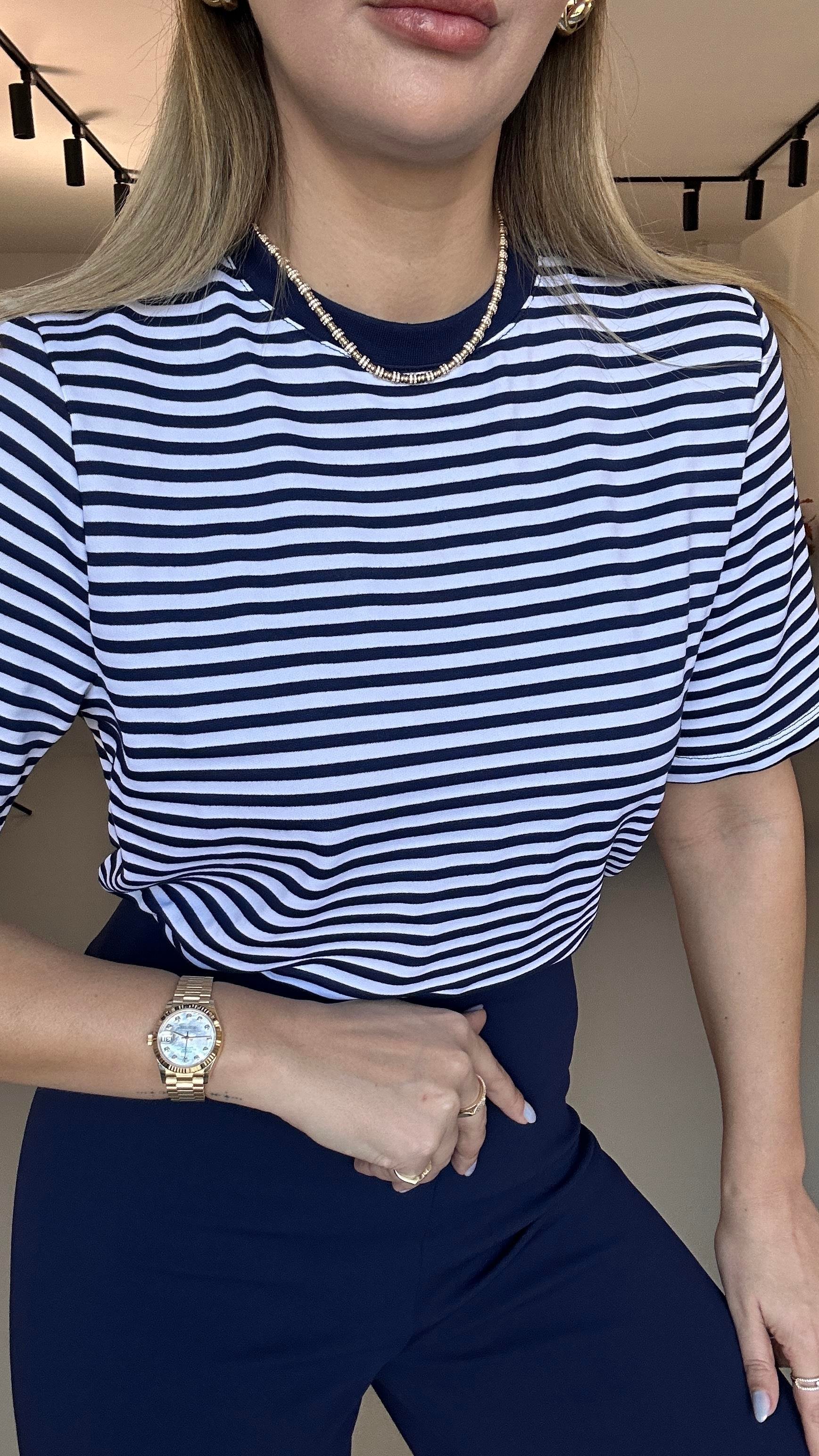 Premium Seri Lacivert Çizgili Yaka Biyeli Tshirt