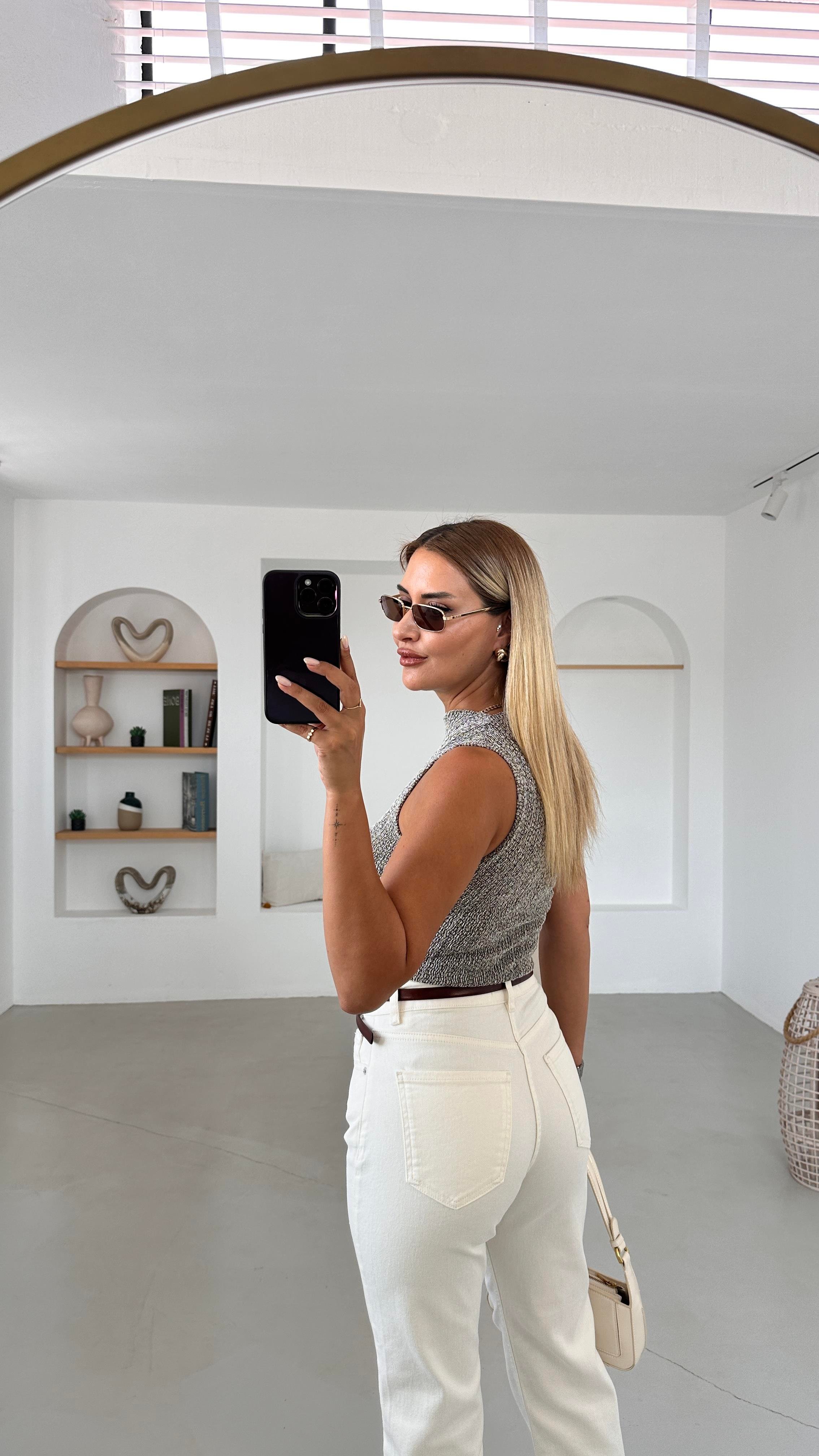 Premium Seri Likralı Ekru Flare Jean