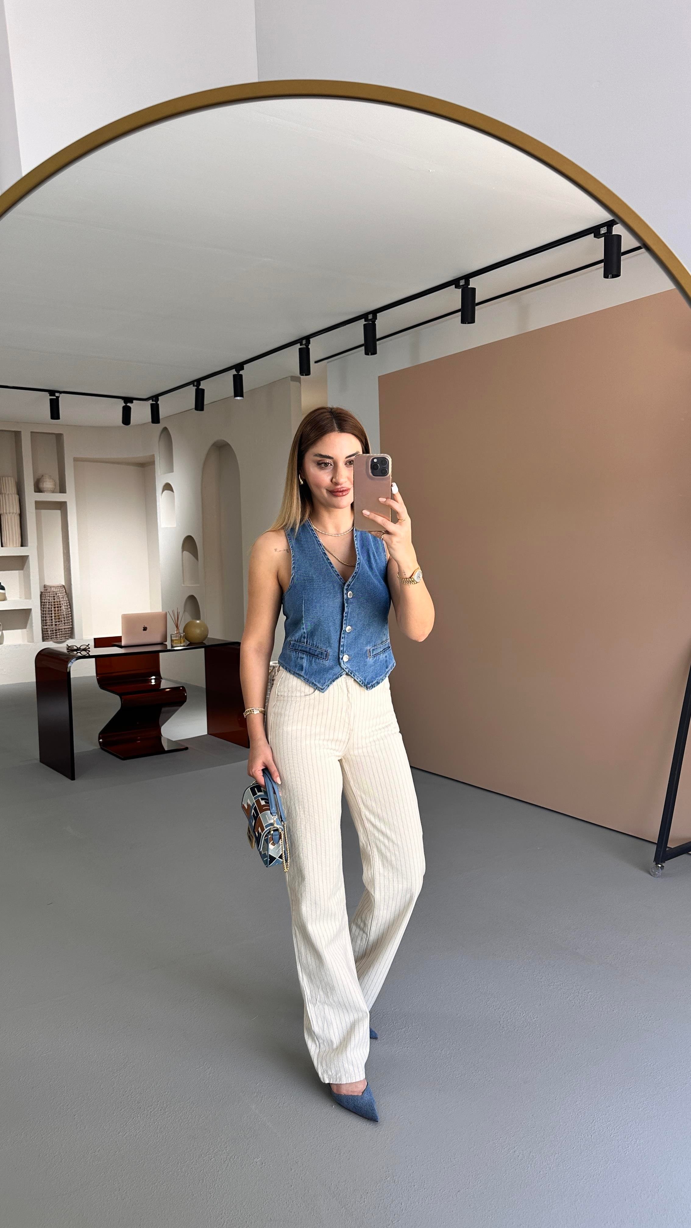Premium Seri Mavi Çizgili Krem Straight Fit Jean