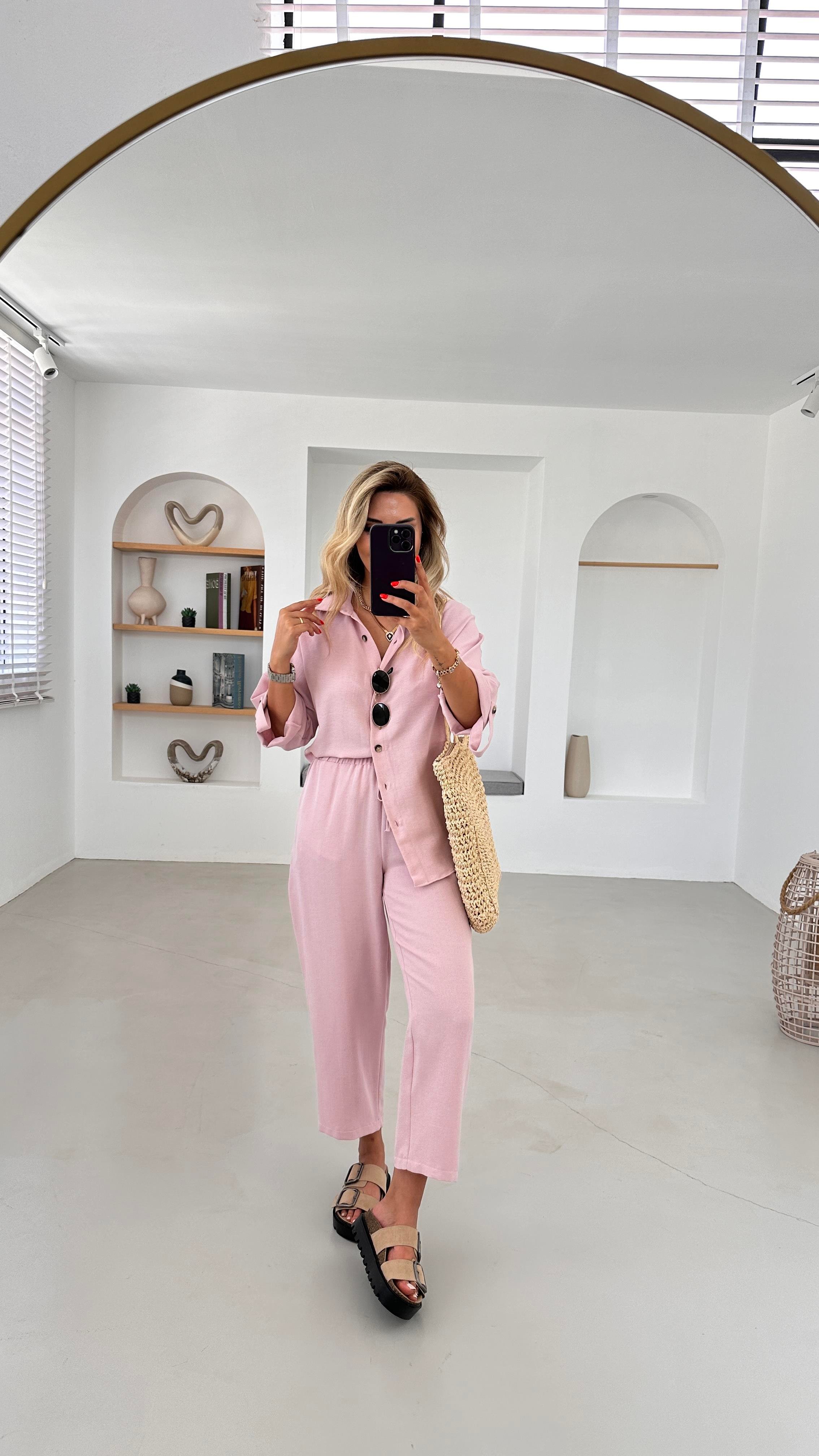 Premium Seri Slouchy Pantolon Gömlek Toz Pembe Keten Takım