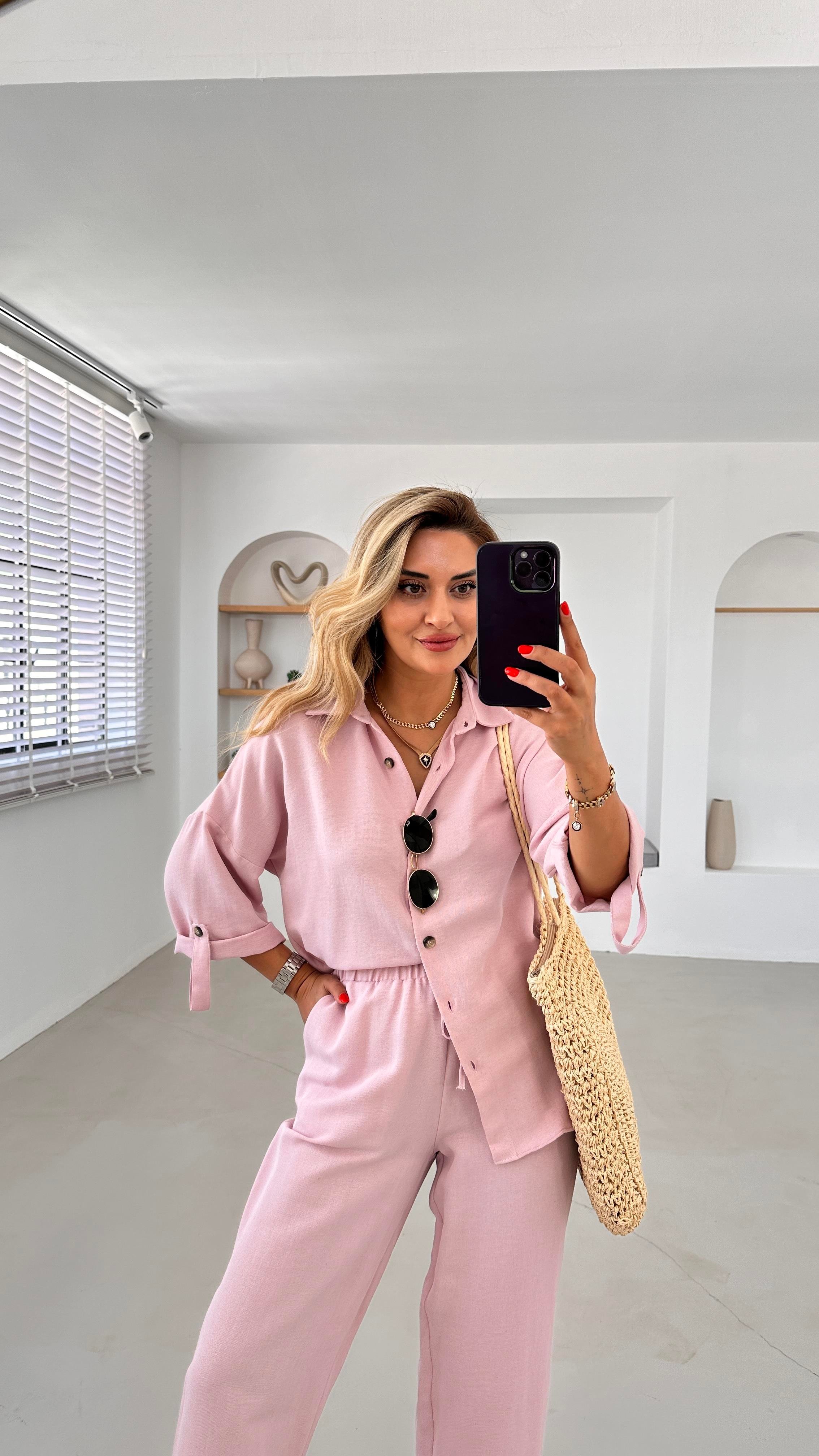 Premium Seri Slouchy Pantolon Gömlek Toz Pembe Keten Takım