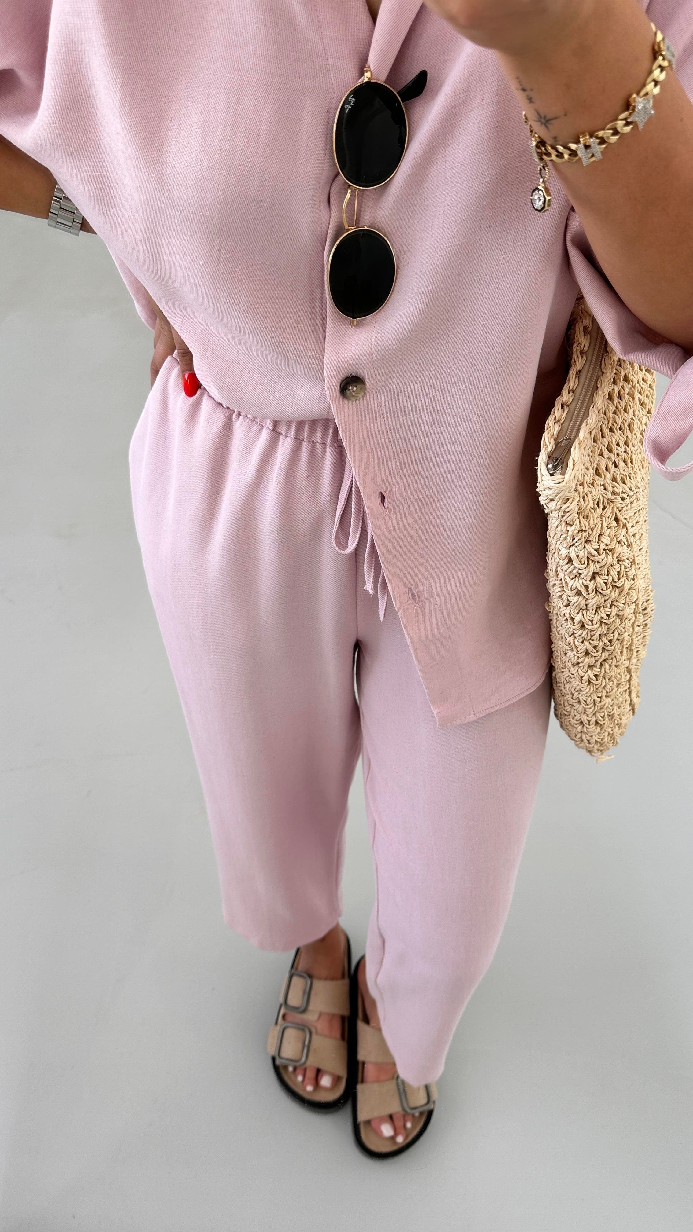 Premium Seri Slouchy Pantolon Gömlek Toz Pembe Keten Takım