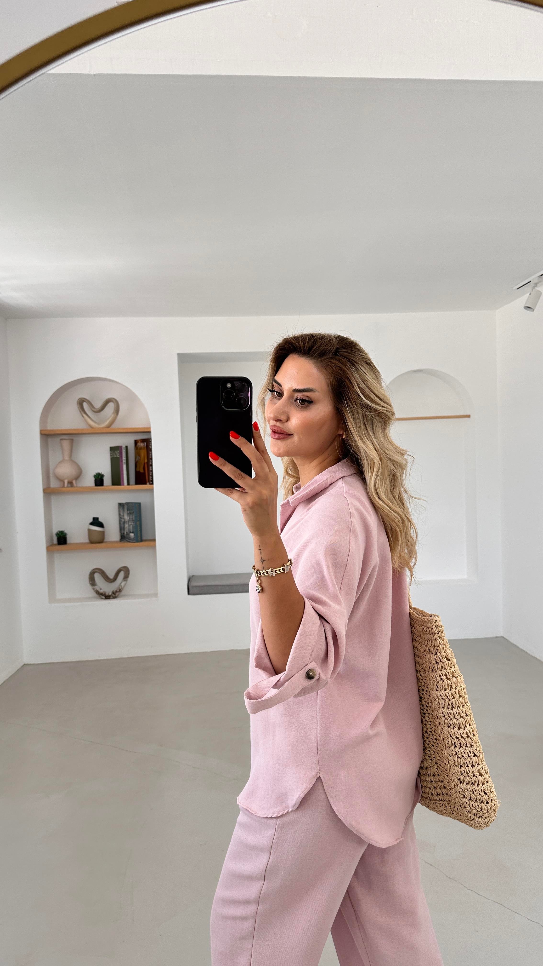 Premium Seri Slouchy Pantolon Gömlek Toz Pembe Keten Takım