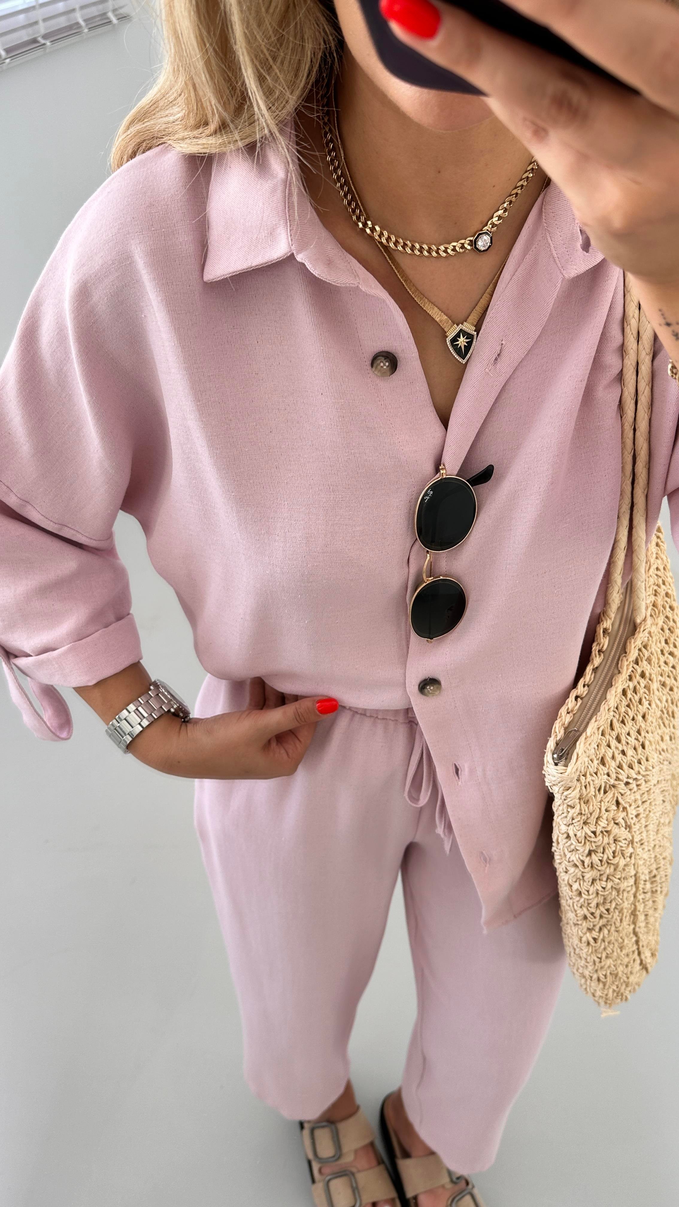 Premium Seri Slouchy Pantolon Gömlek Toz Pembe Keten Takım