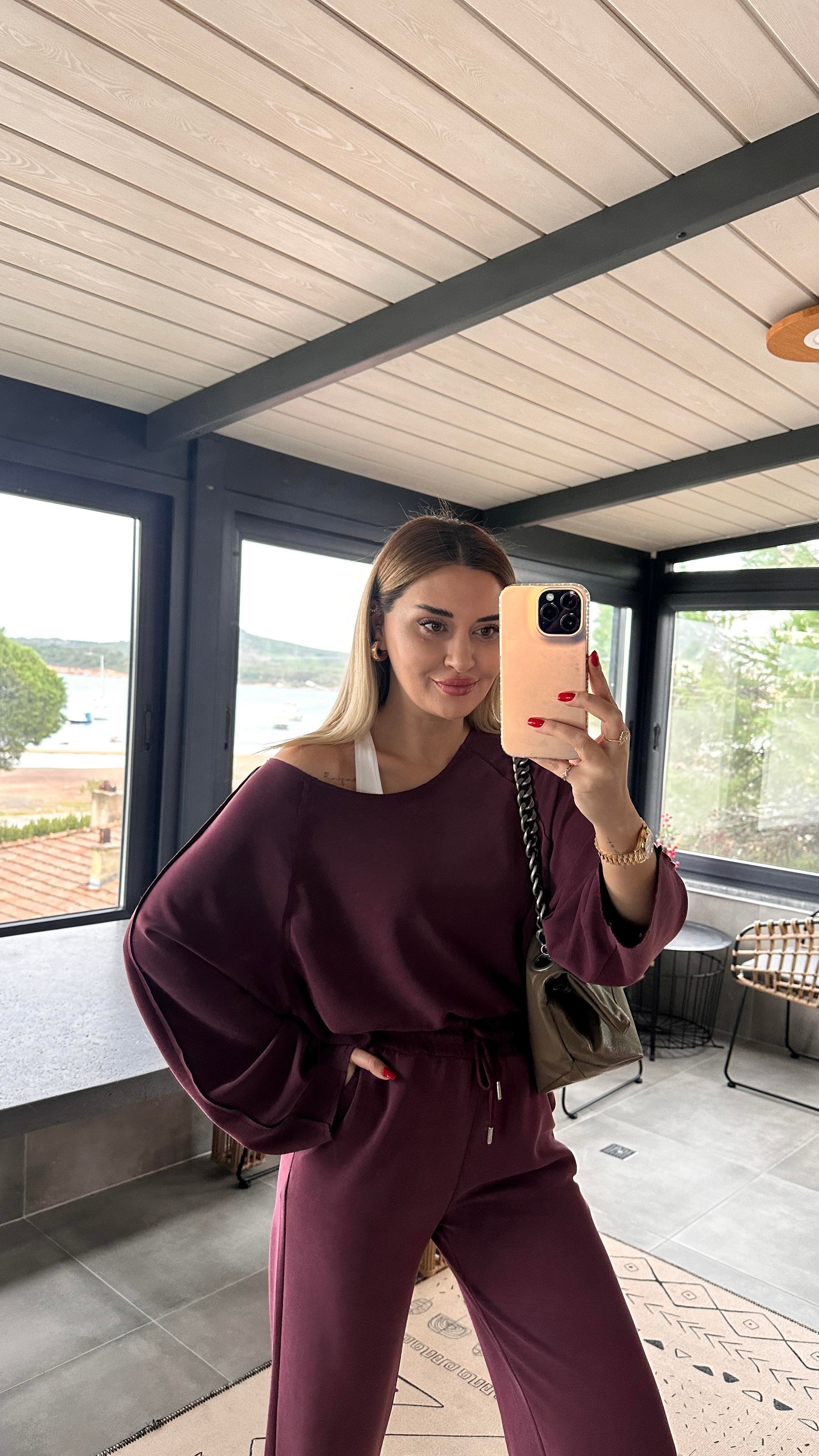 Premium Seri Ters Dikiş Detay Bordo Modal Takım