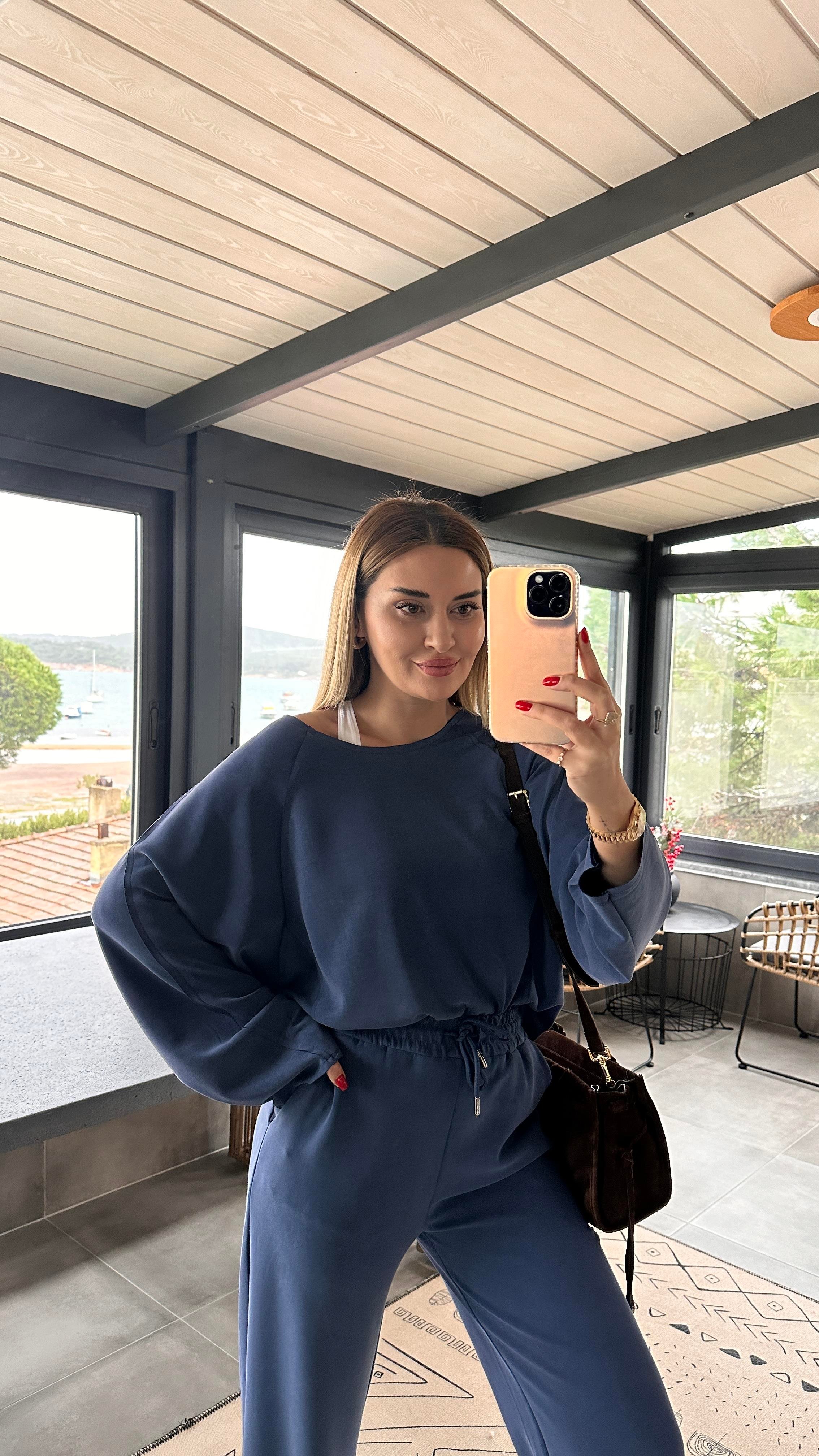 Premium Seri Ters Dikiş Detay İndigo Modal Takım