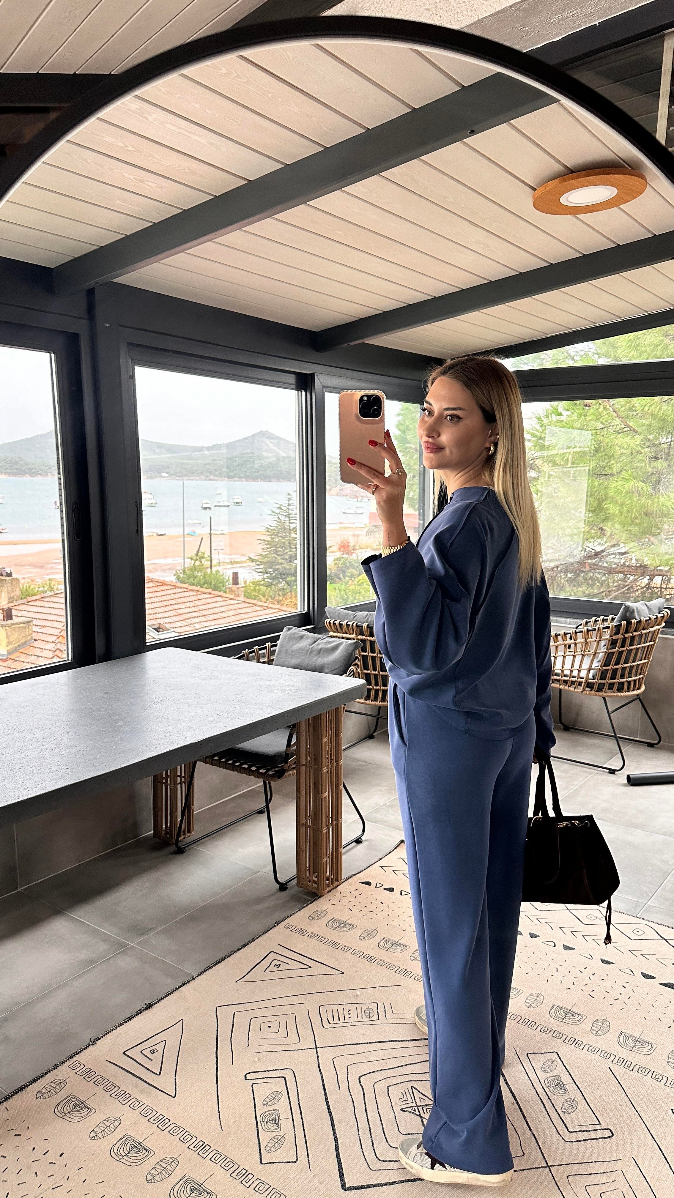 Premium Seri Ters Dikiş Detay İndigo Modal Takım