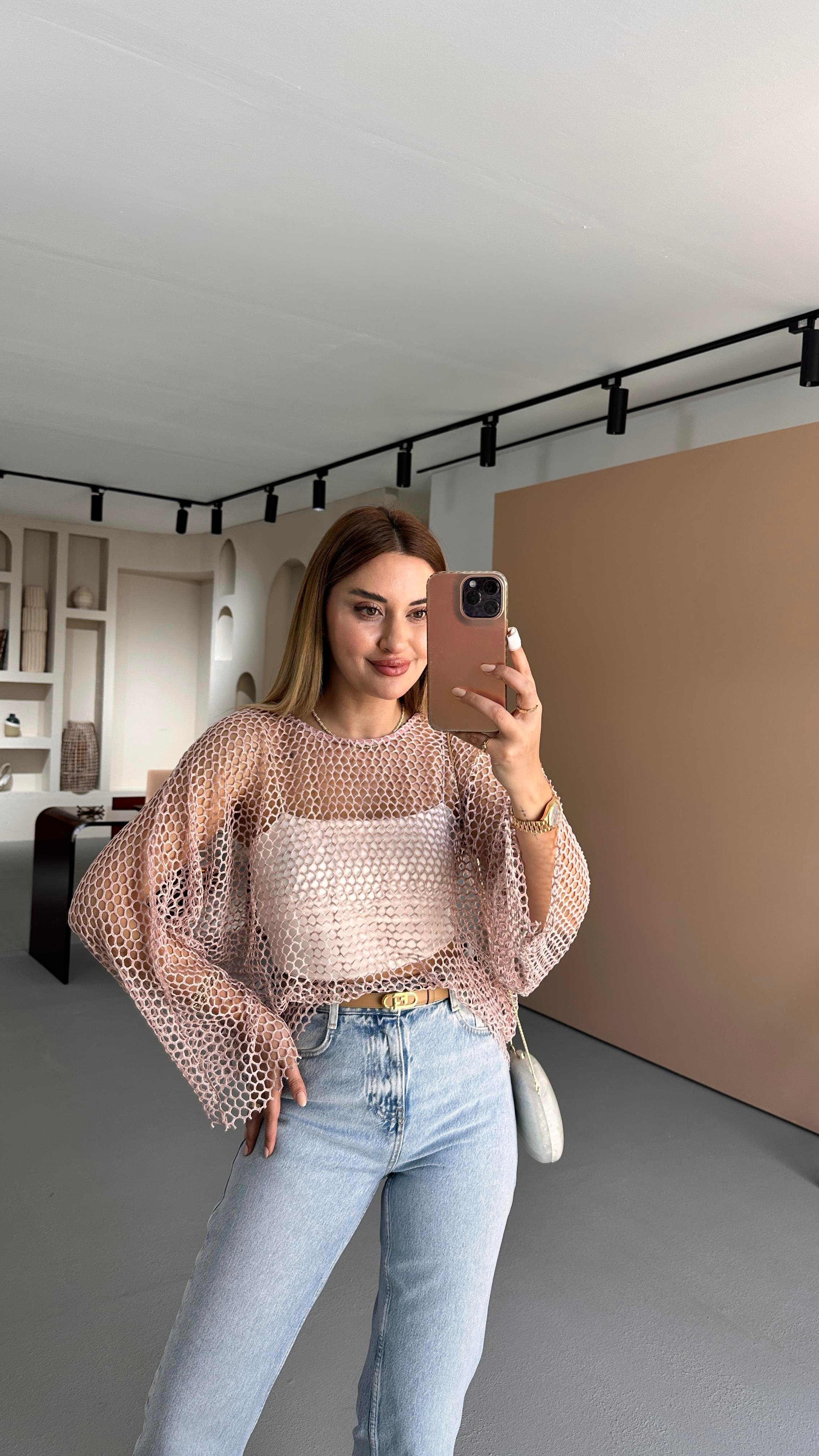 Pudra Oversize Simli File Bluz