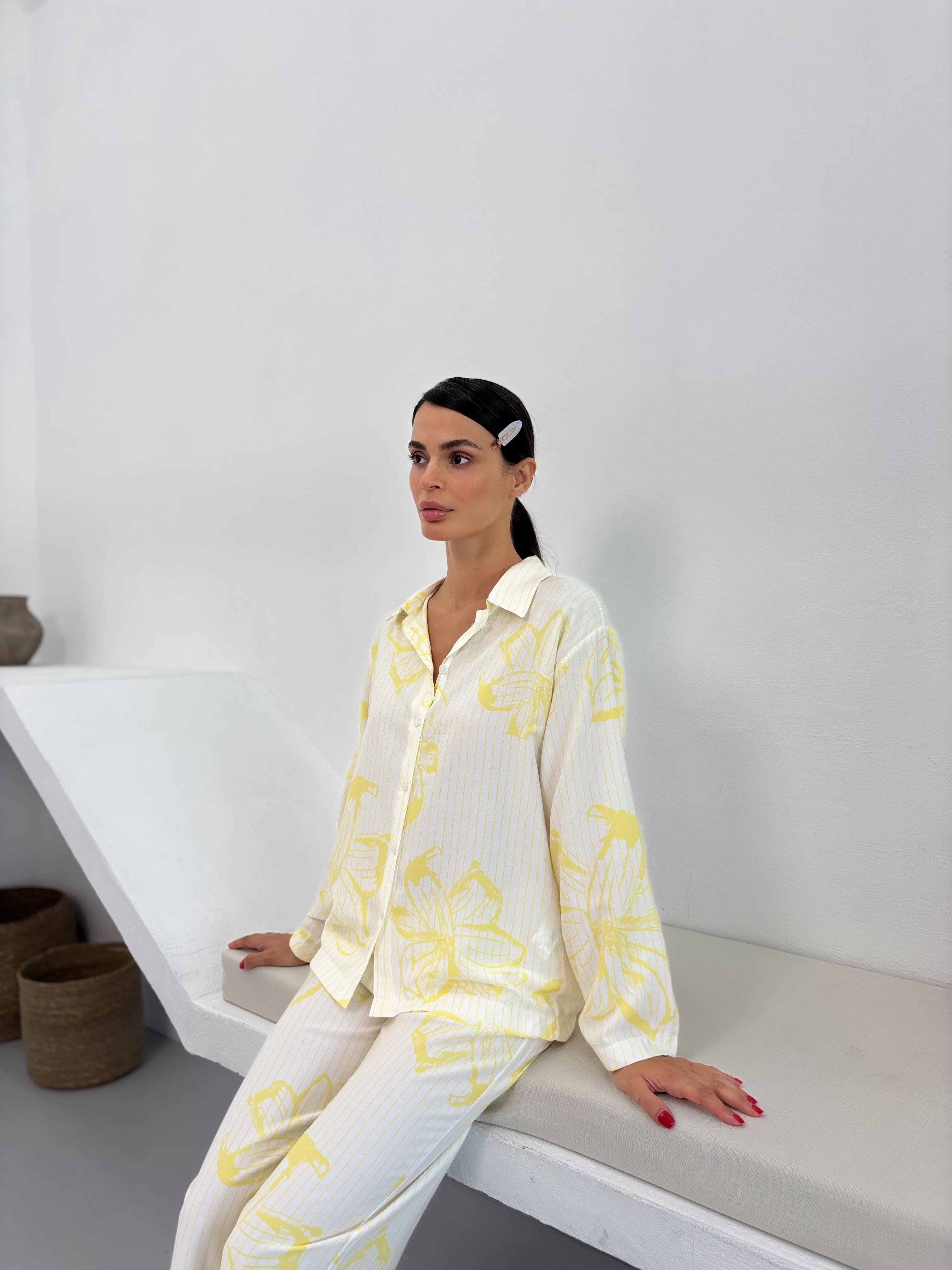 Sarı Çiçek Desen Pamuklu Gömlek Pijama Takım