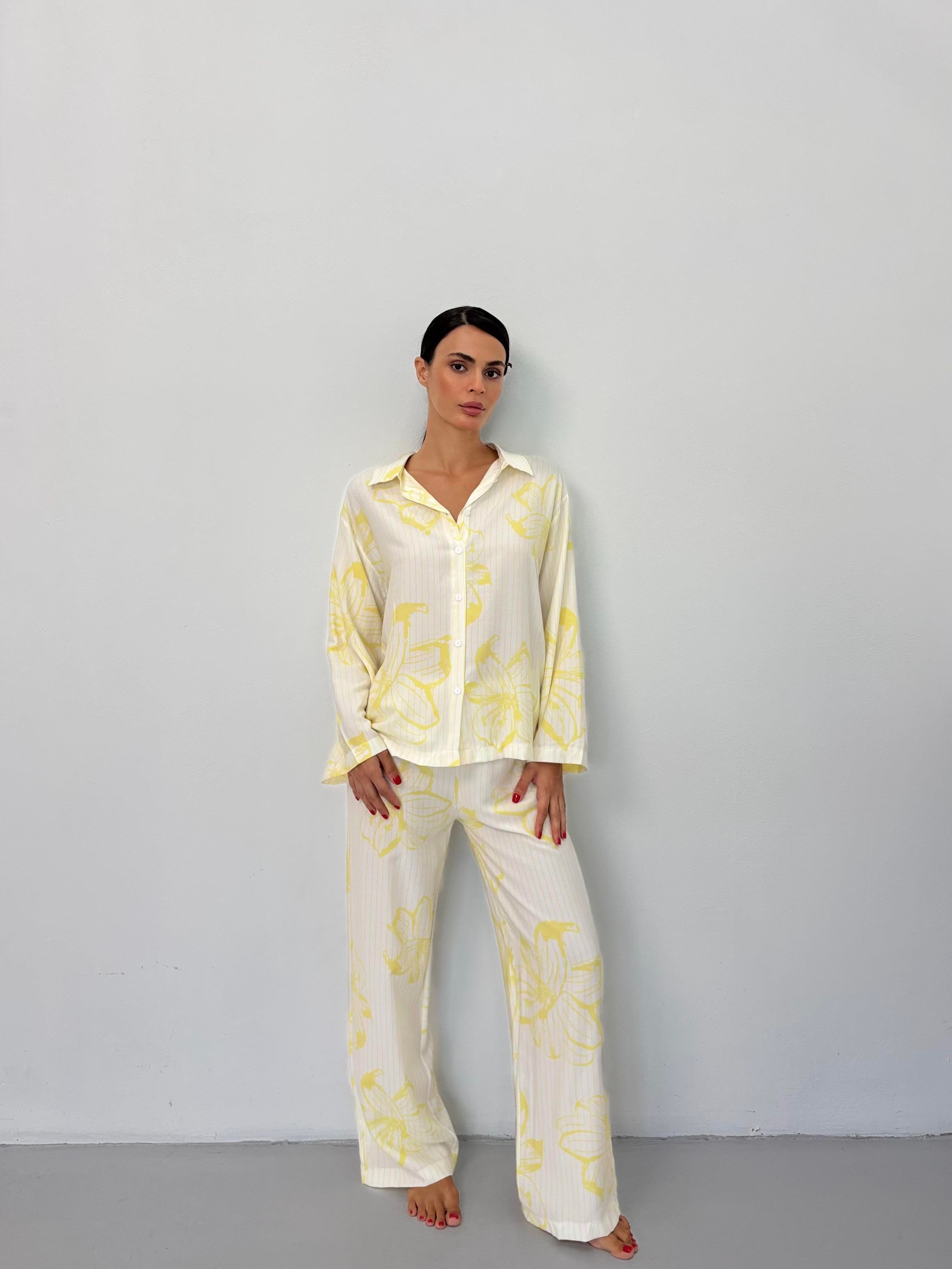 Sarı Çiçek Desen Pamuklu Gömlek Pijama Takım